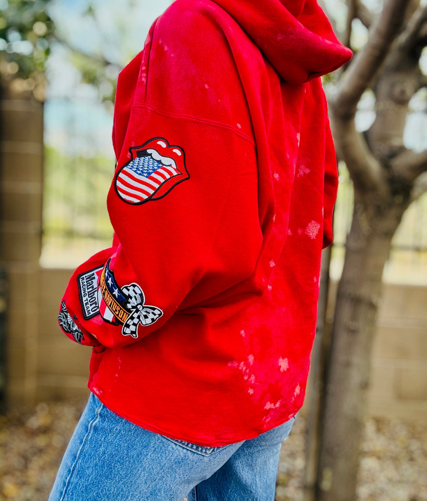 CD- NECKLACE Hoodie red patched arm  - lace vintage wash+ Men’s unisex sizeXL- Cut off bottom band hem
