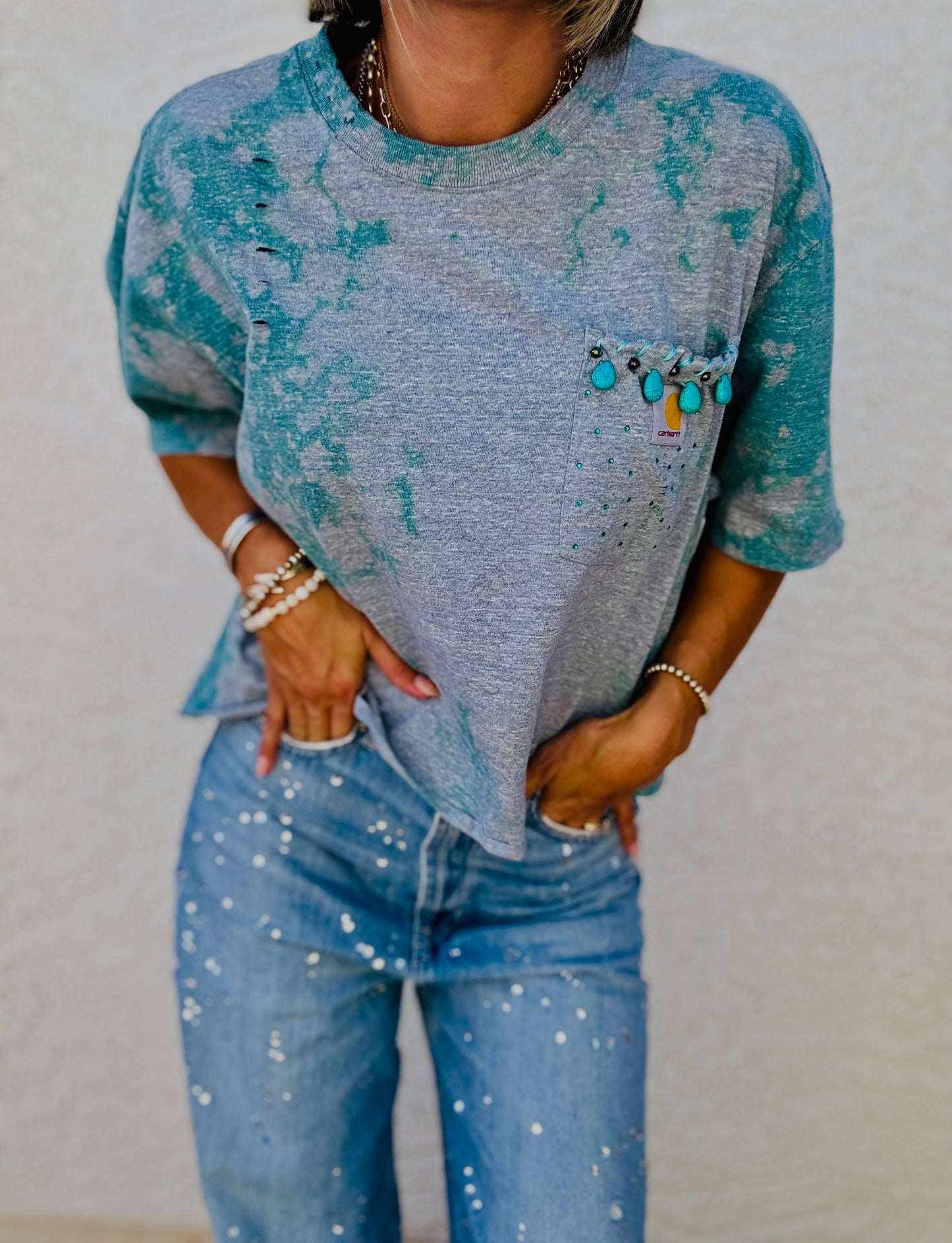 HD-STITCHED BEADED TURQUOISE DISTRESSED POCKET SHIRT - MENS MEDIUM