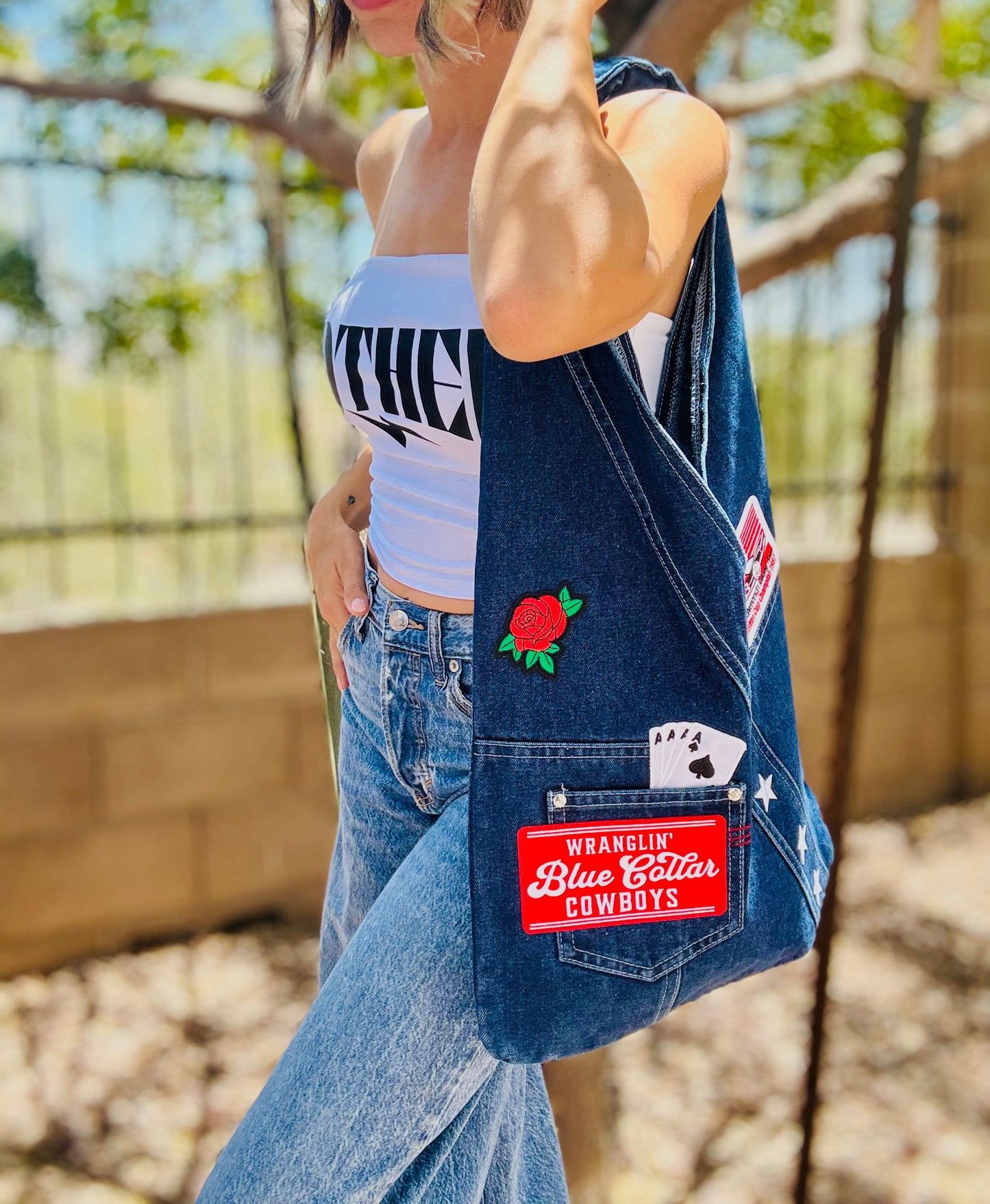 RTS-blue collar cowboys and dale racing -HOBO TOTE genuine sewn denim royal