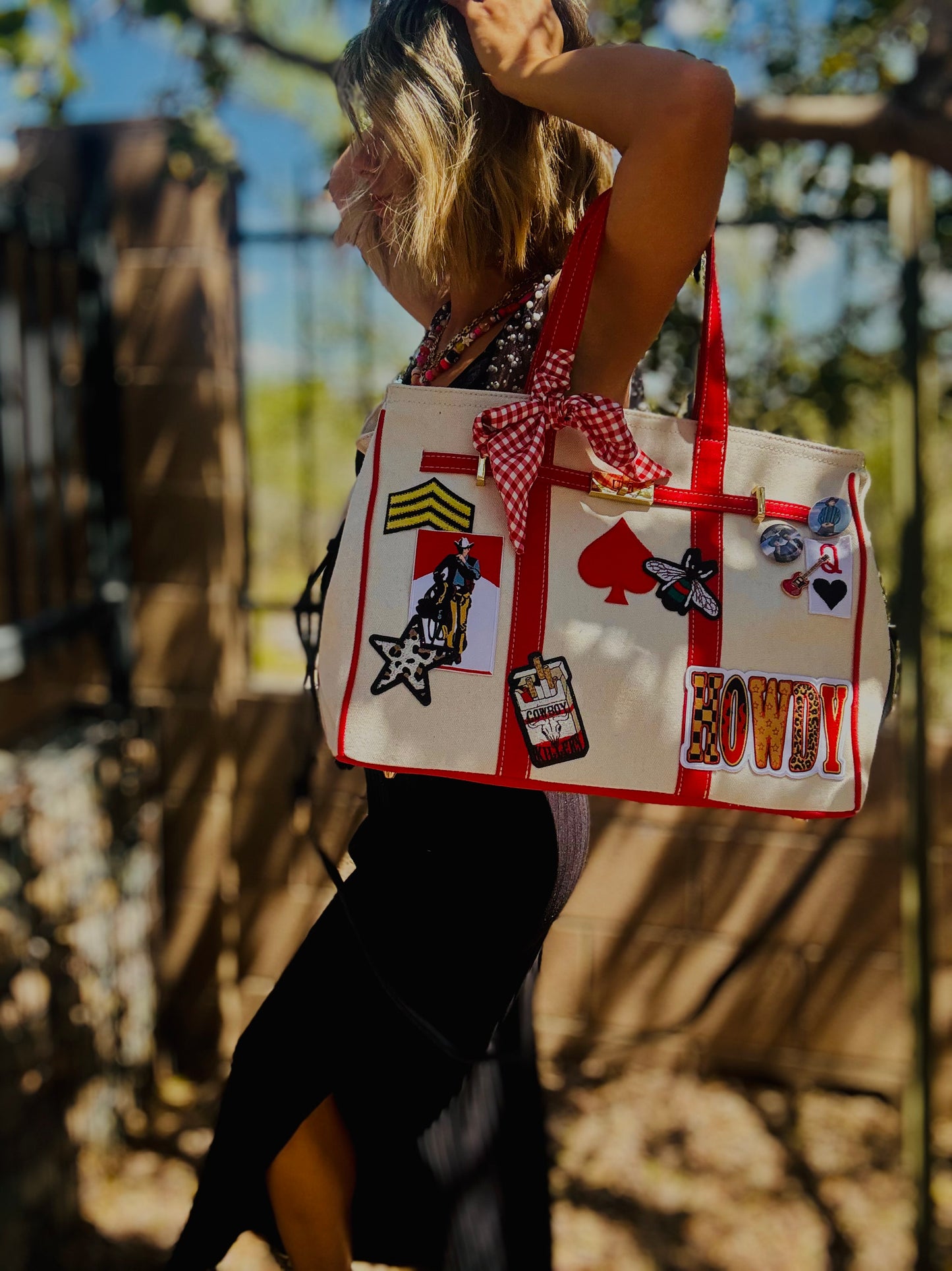 RTS-retro red cowboy  -Carry all  TOTE canvas- with satin lining interior