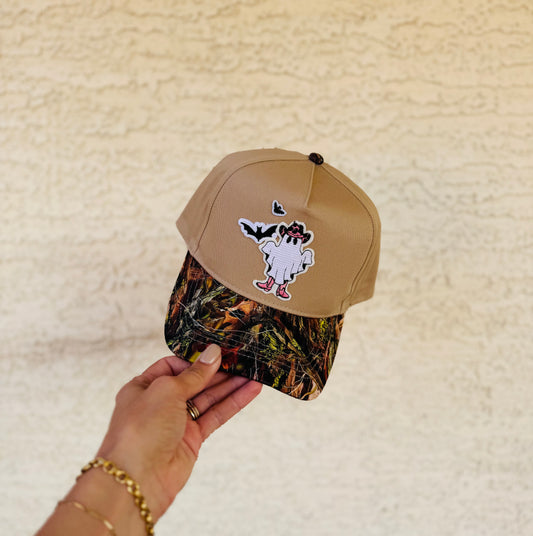 BOO- pink cowgirl, ghost and bats -vintage canvas CAMO snapback