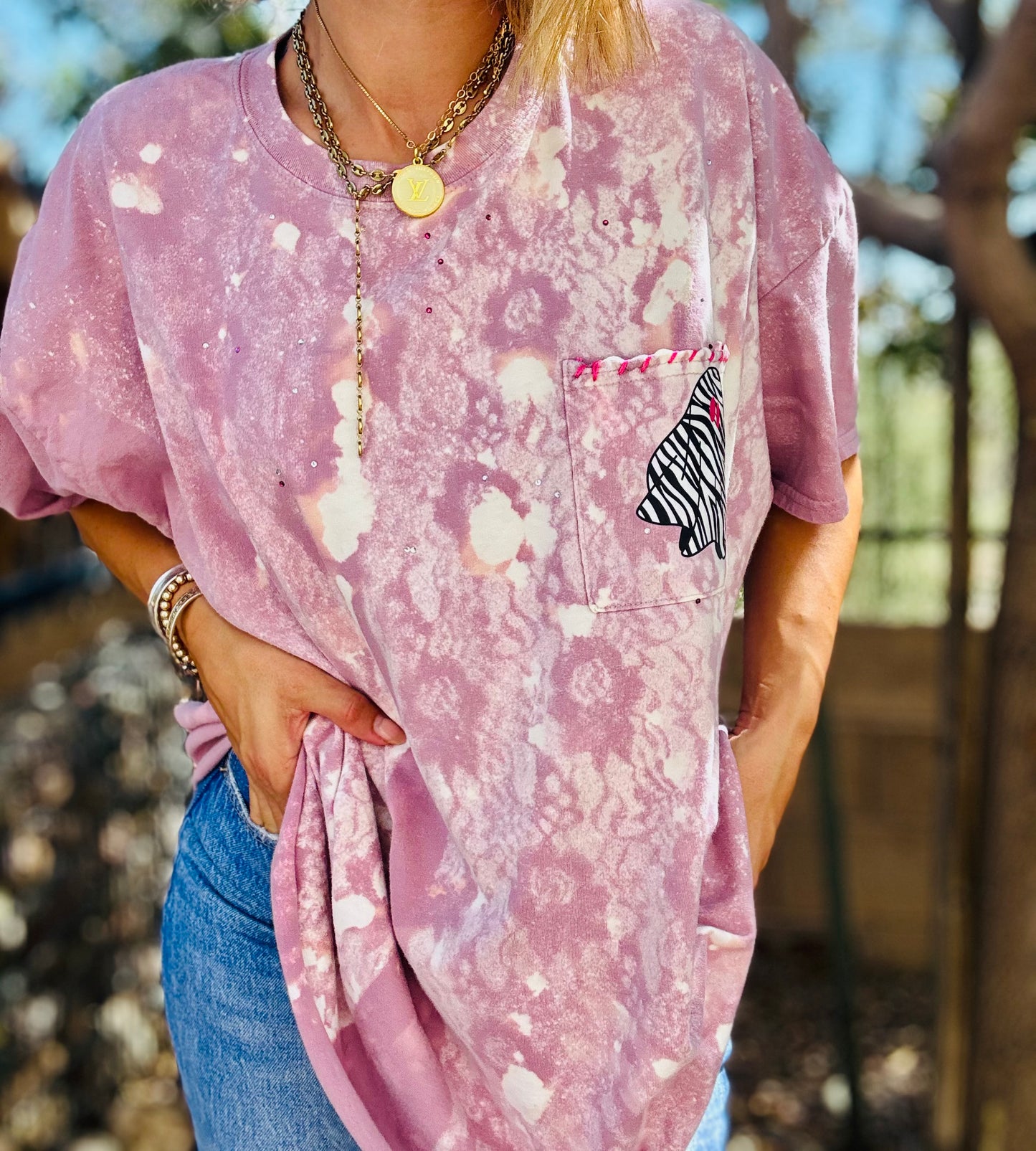 MD-zebra Ghostie LAVENDER Lace wash -HUSBAND POCKET TEE XL Cropped off hem