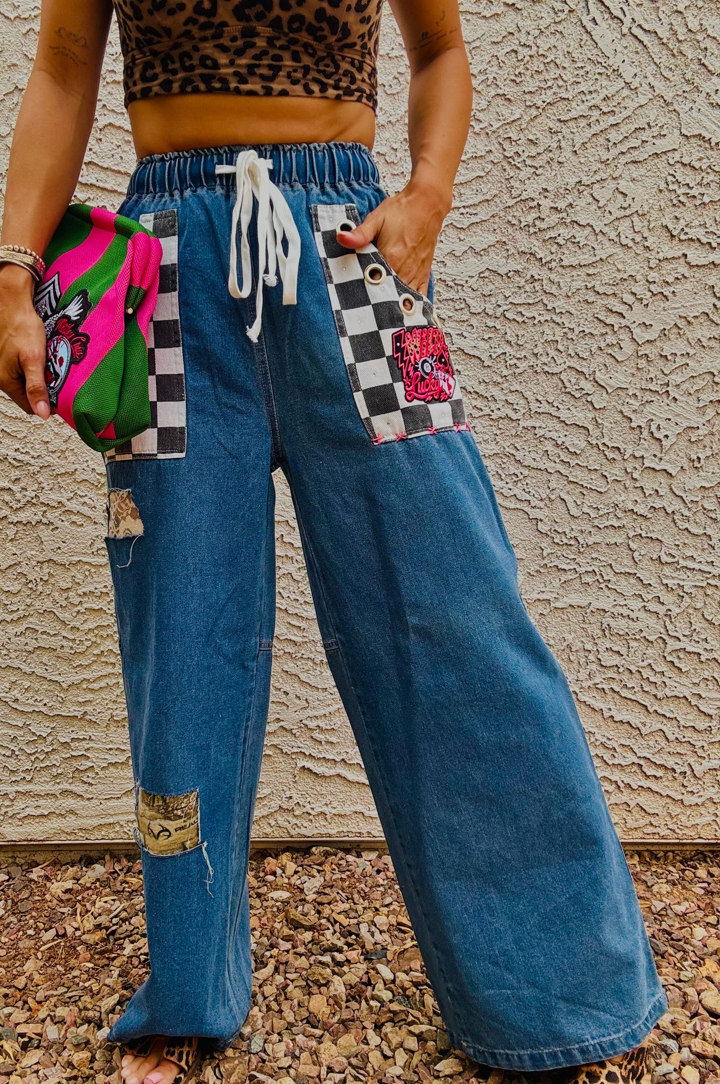 AUG- WILD LUCKY PINK CAMO LACE REWORK WIDE LEG LIGHT DENIM- SIZE MEDIUM ELASTIC WAIST BAND AND DRAW STRING
