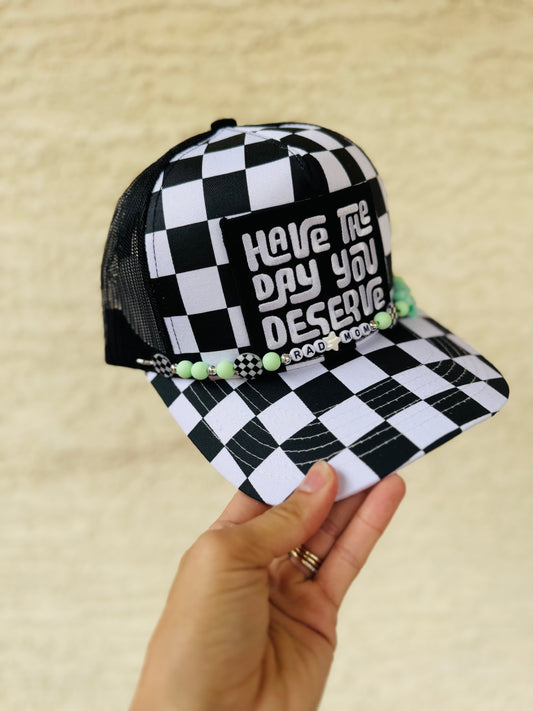 PT- CHECKERED DAY YOU DESERVE+ checkered canvas panel+ HANDMADE RAD MOM CHUNK CHAIN TEAL