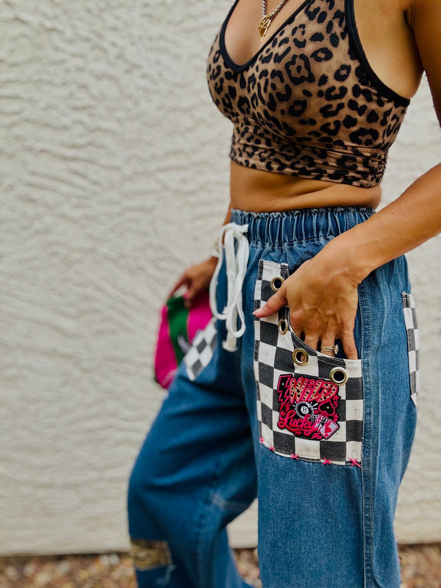 AUG- WILD LUCKY PINK CAMO LACE REWORK WIDE LEG LIGHT DENIM- SIZE MEDIUM ELASTIC WAIST BAND AND DRAW STRING
