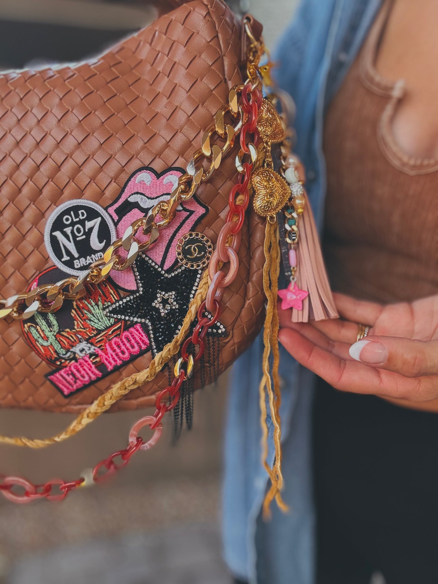 FC-neon moon 7+UPCYCLED AUTHENTIC BUTTON+ upgraded genuine tooled leather strap +Light brown bag   *CHANDLER BAG**