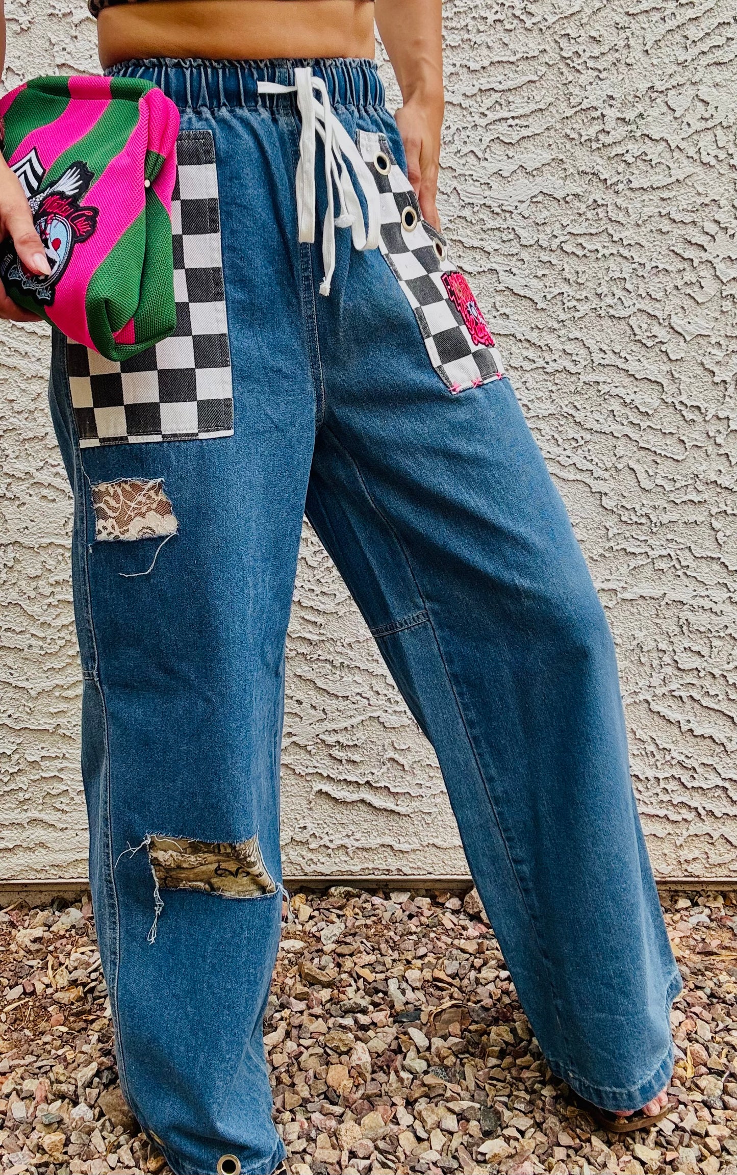 AUG- WILD LUCKY PINK CAMO LACE REWORK WIDE LEG LIGHT DENIM- SIZE MEDIUM ELASTIC WAIST BAND AND DRAW STRING