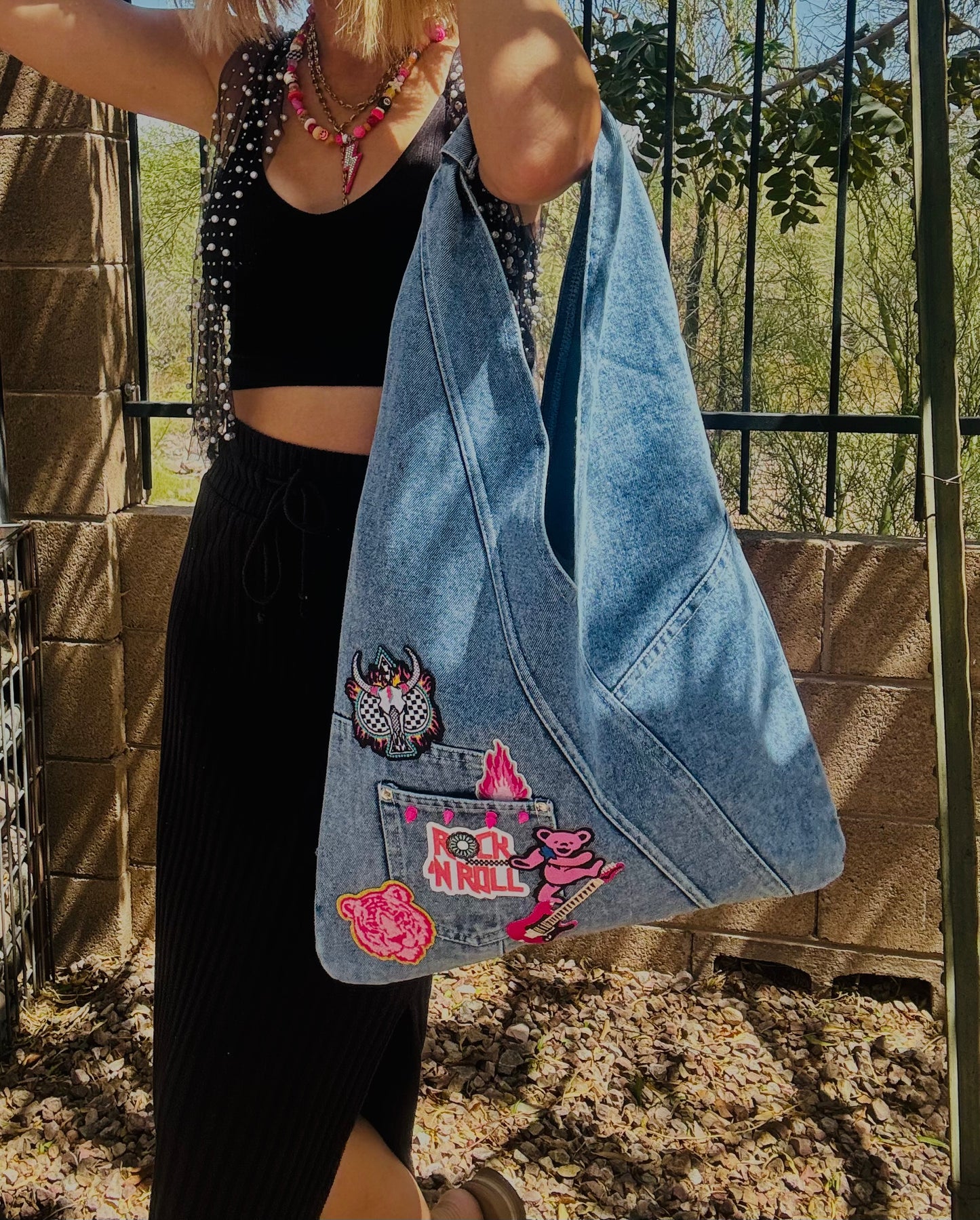 RTS-rock and roll DENIM BABE-HOBO TOTE genuine sewn denim