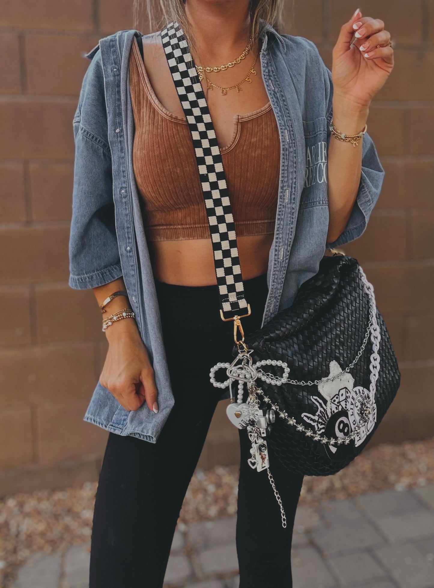 FC-long live rad women+white denim star+ upgraded checkered guitar strap  +black  bag   *CHANDLER BAG**