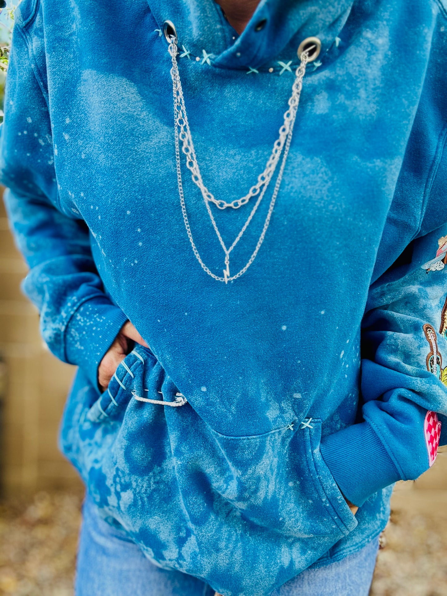 CD- NECKLACE Hoodie blue patched arm  - lace vintage wash+ Men’s unisex size LARGE - Cut off bottom band hem