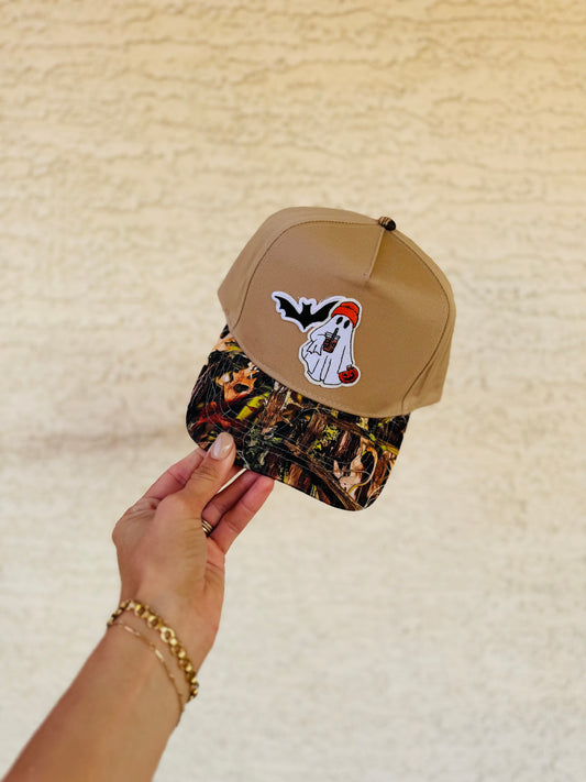 BOO- beanie coffee ghost with bat-vintage canvas CAMO snapback