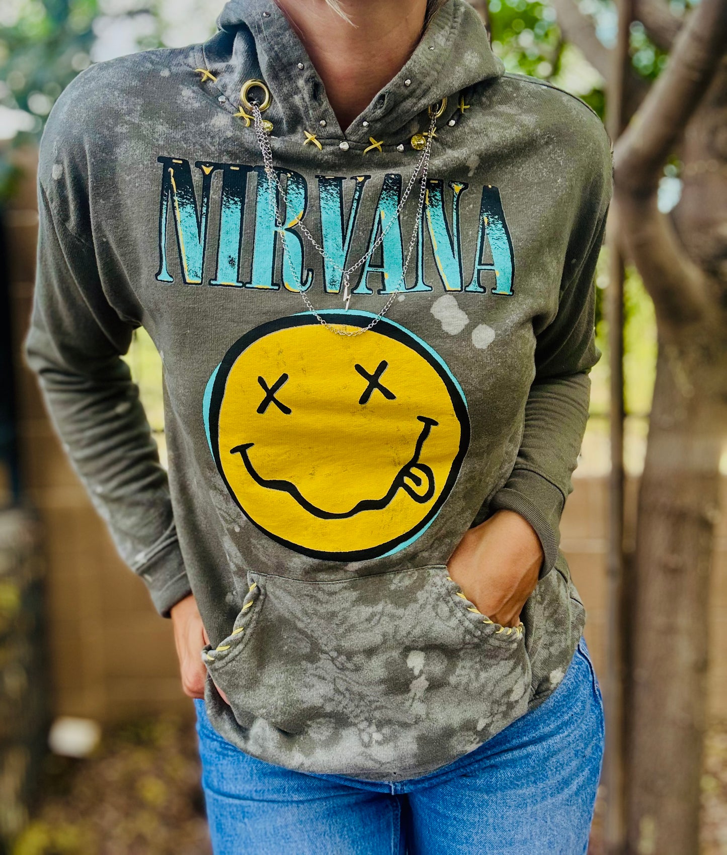 CD- NECKLACE Hoodie 10 +Men’s unisex size SMALL- Cut off bottom band hem