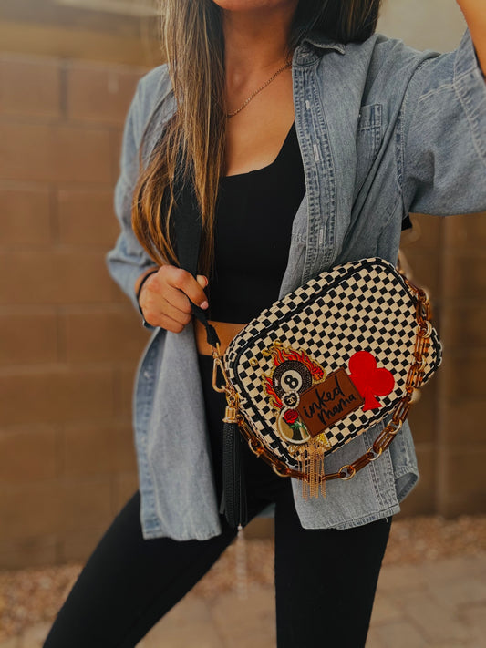 HA- inked mama UPCYCLED CC BUTTON LUX- black checkered OG *Page Bag*