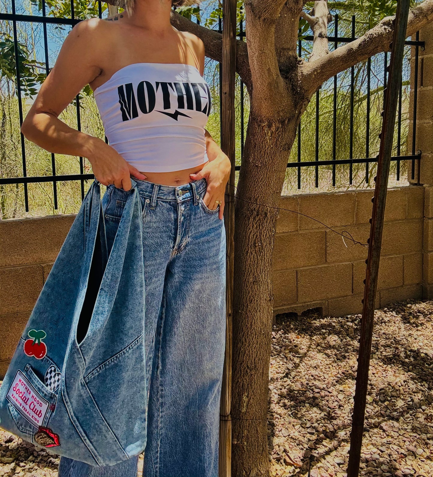 RTS- motherhood social club-HOBO TOTE genuine sewn denim light blue
