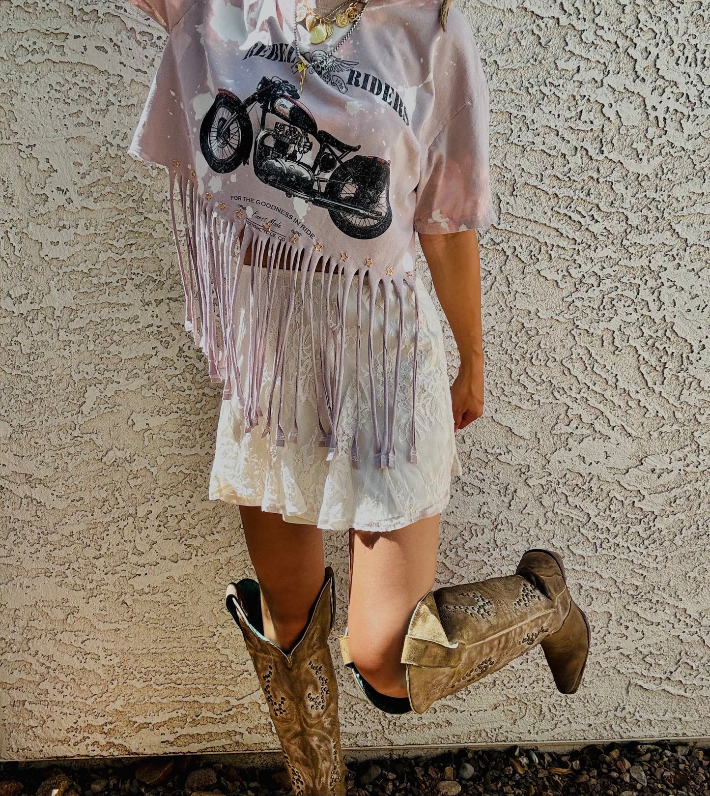 TEE-let them know bike babe   - DAD TEE MENS MEDIUM handmade fringe