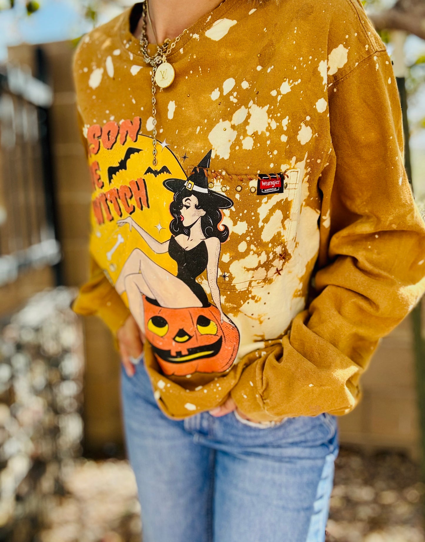 MD- vintage season of the witch  +HUSBAND Ling sleeve POCKET SHIRT -2XL CUT CROP SLOUCHY