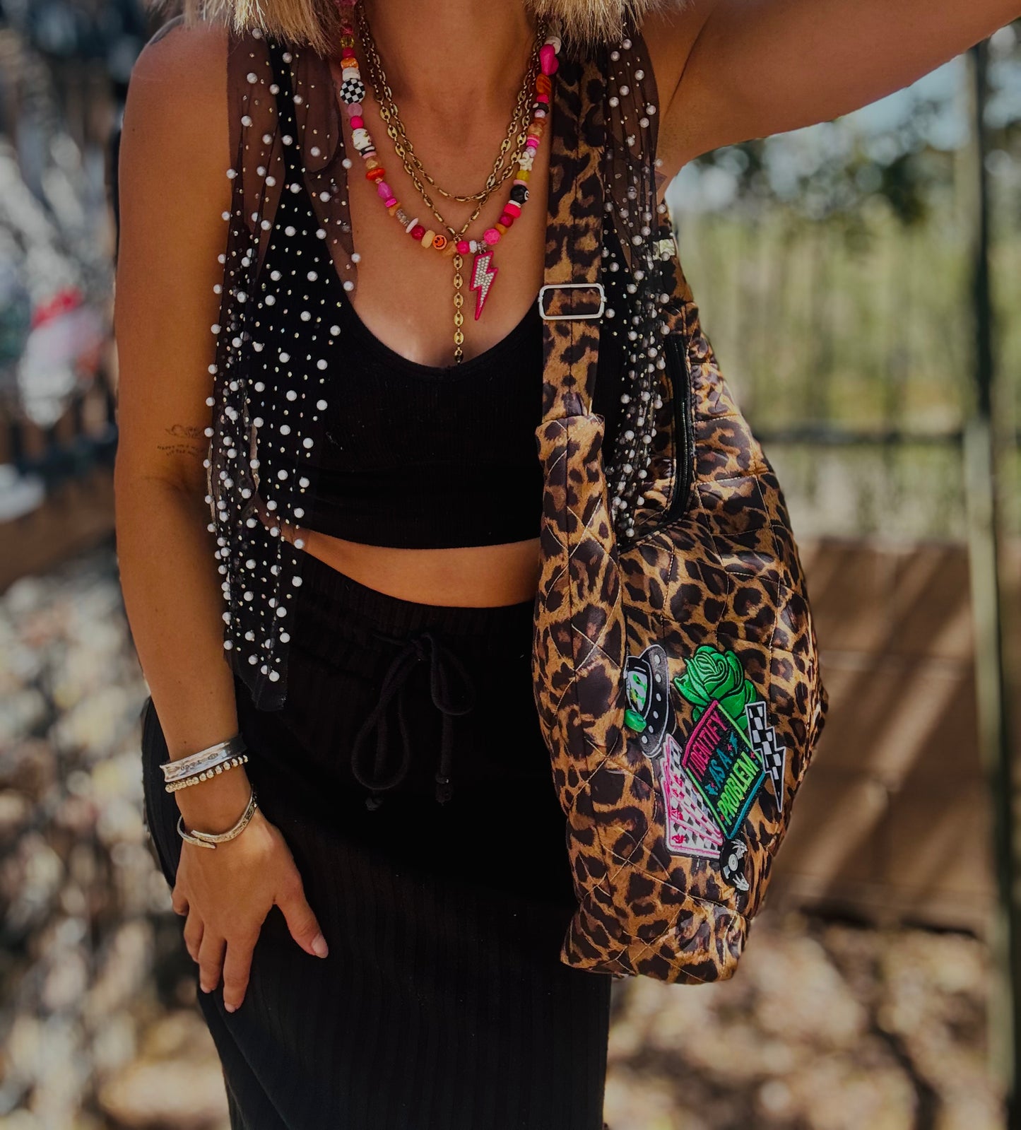 RTS-leopard aliens - Quilted puff nylon hobo adjustable tote strap
