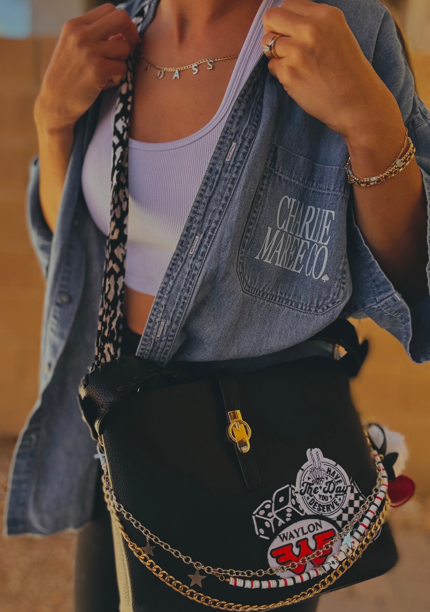 FC-day you deserve Waylon handbeaded charms+black bag with printed guitar strap￼ *TOMBSTONE*