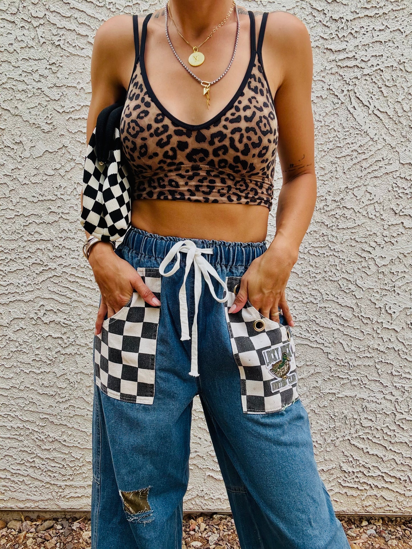 AUG- LUCKY DUCK CAMO REWORK WIDE LEG LIGHT DENIM- SIZE MEDIUM ELASTIC WAIST BAND AND DRAW STRING
