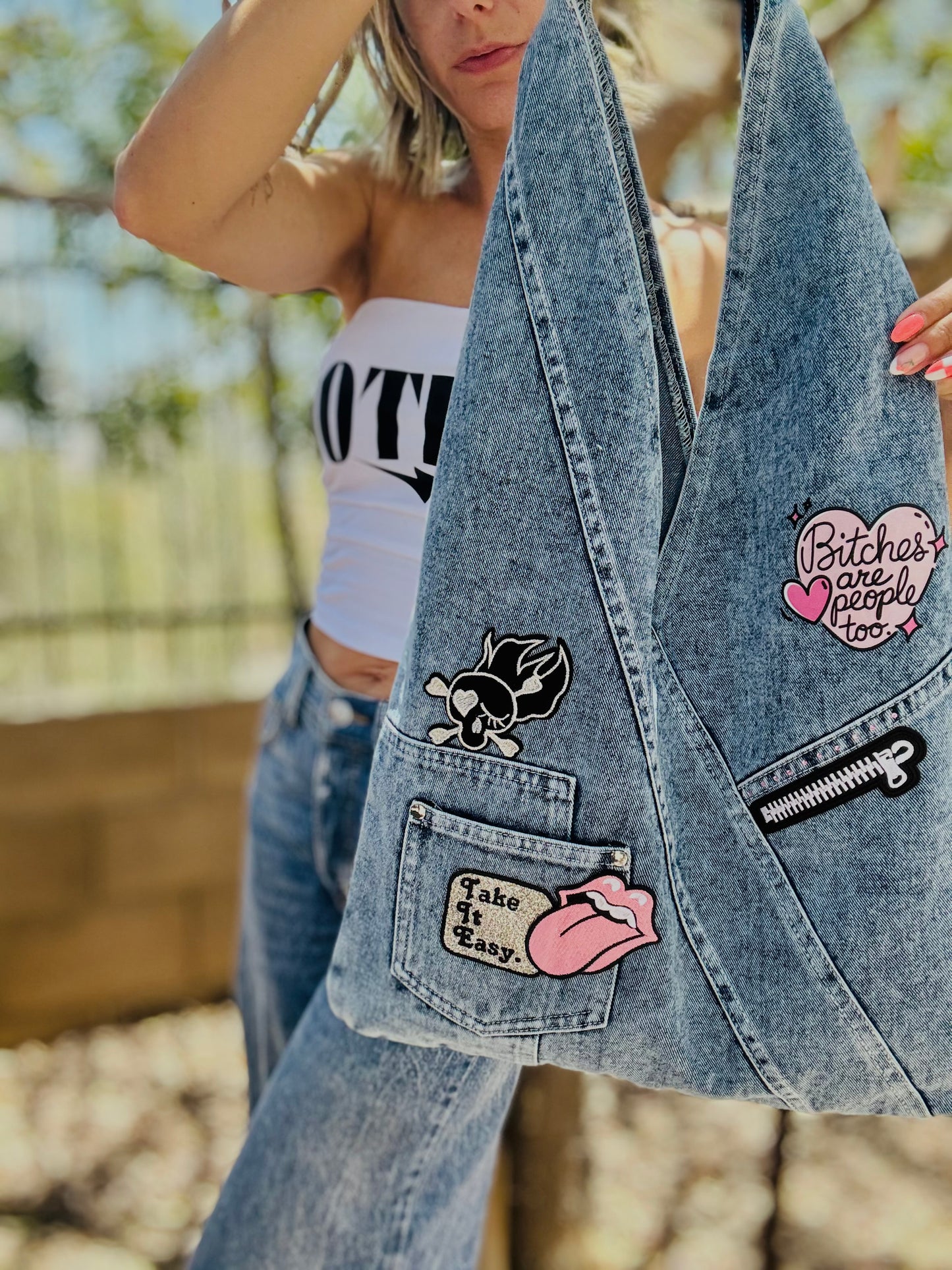 RTS- pink take it easy bitches are people too -HOBO TOTE genuine sewn denim light blue