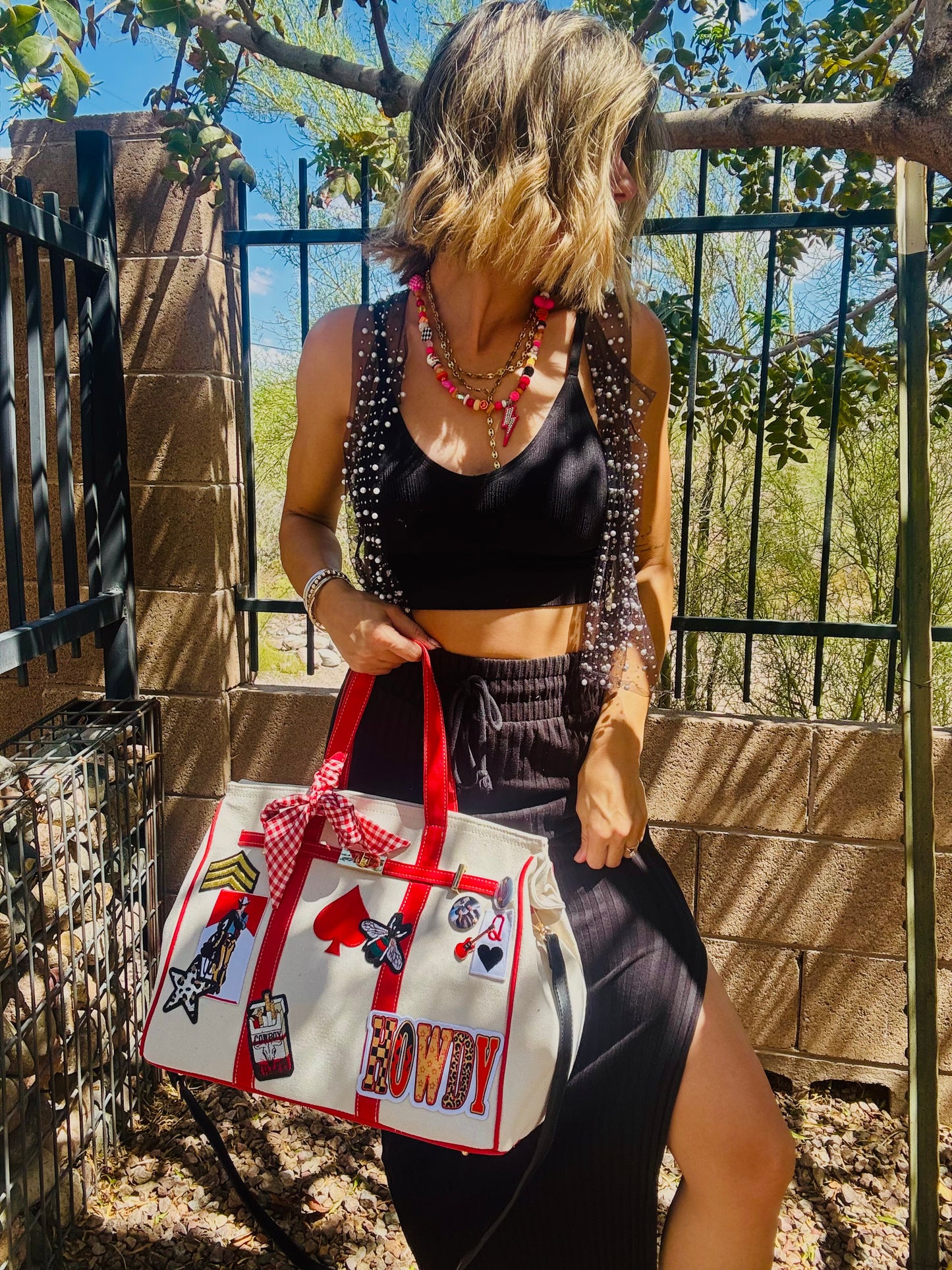RTS-retro red cowboy  -Carry all  TOTE canvas- with satin lining interior