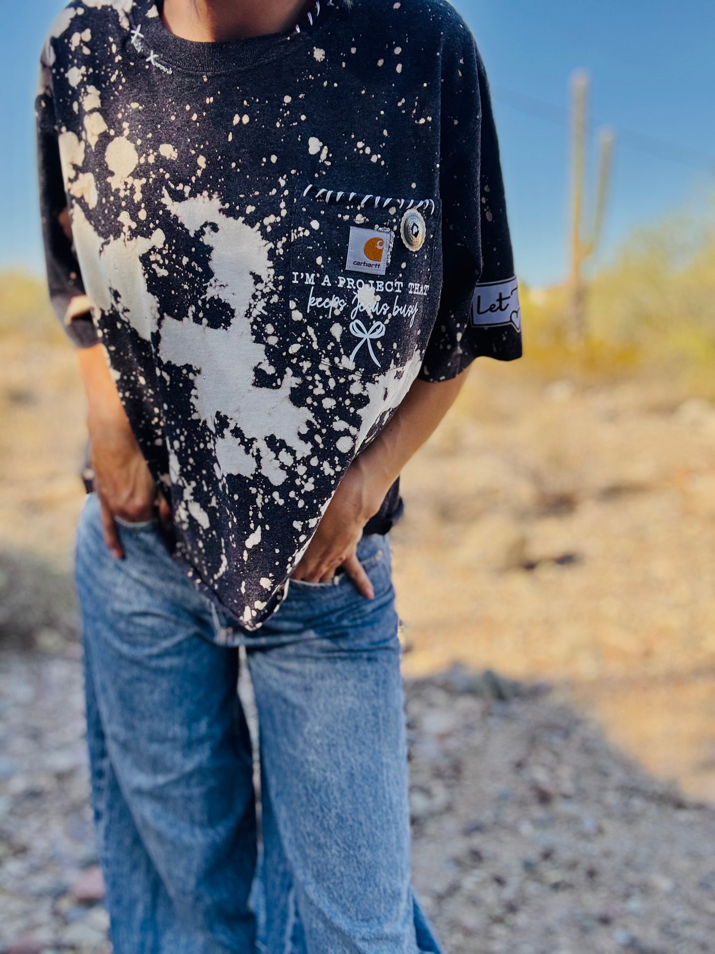 HD- I’m a project that keeps Jesus busy - RUST DISTRESSED POCKET SHIRT - MENS MEDIUM CUT