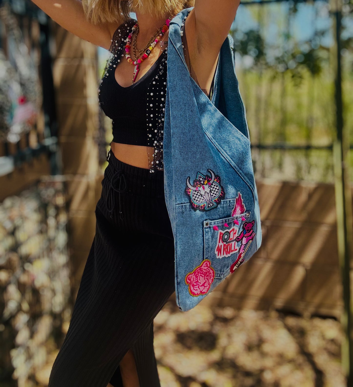 RTS-rock and roll DENIM BABE-HOBO TOTE genuine sewn denim