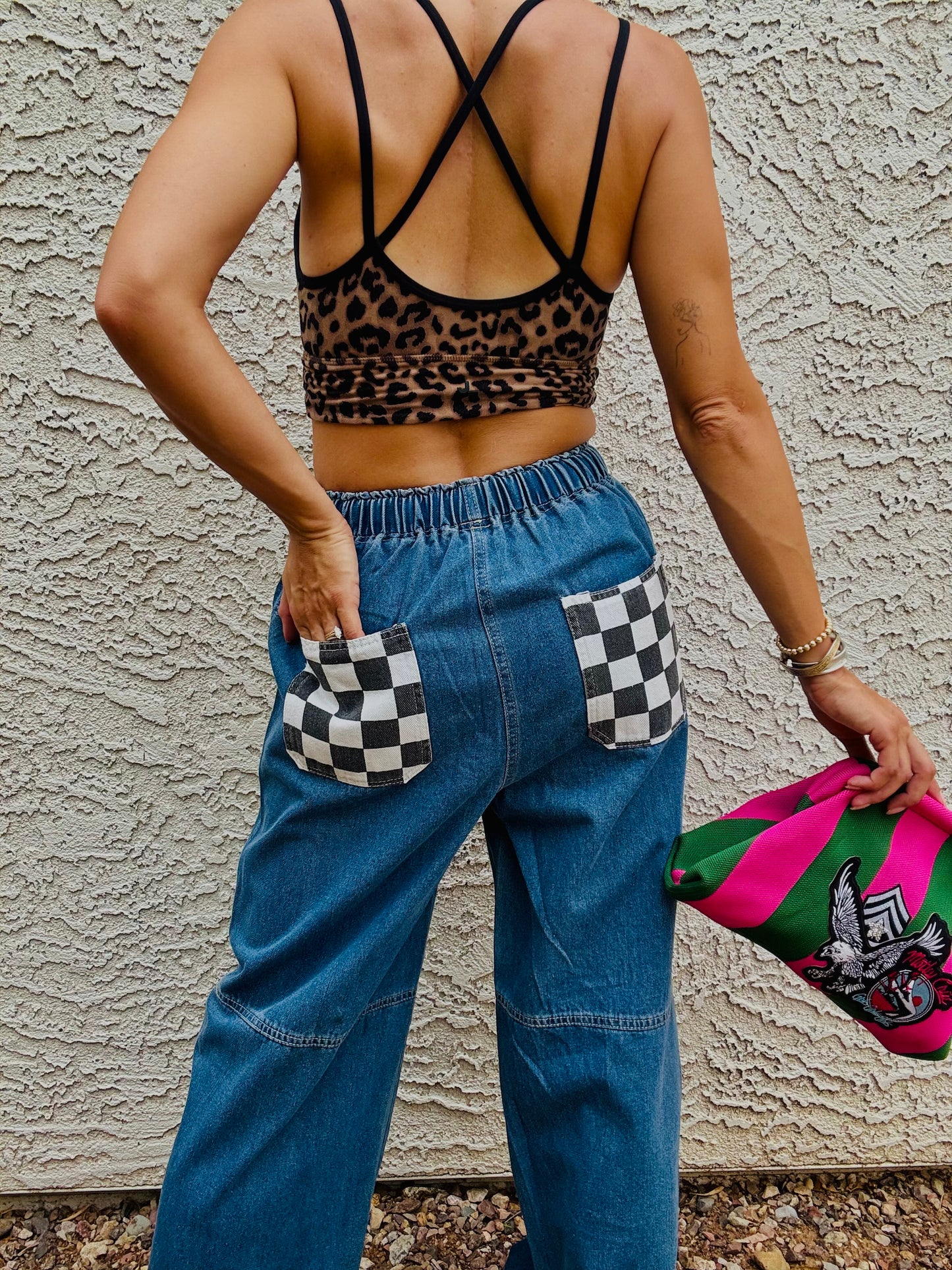 AUG- WILD LUCKY PINK CAMO LACE REWORK WIDE LEG LIGHT DENIM- SIZE MEDIUM ELASTIC WAIST BAND AND DRAW STRING