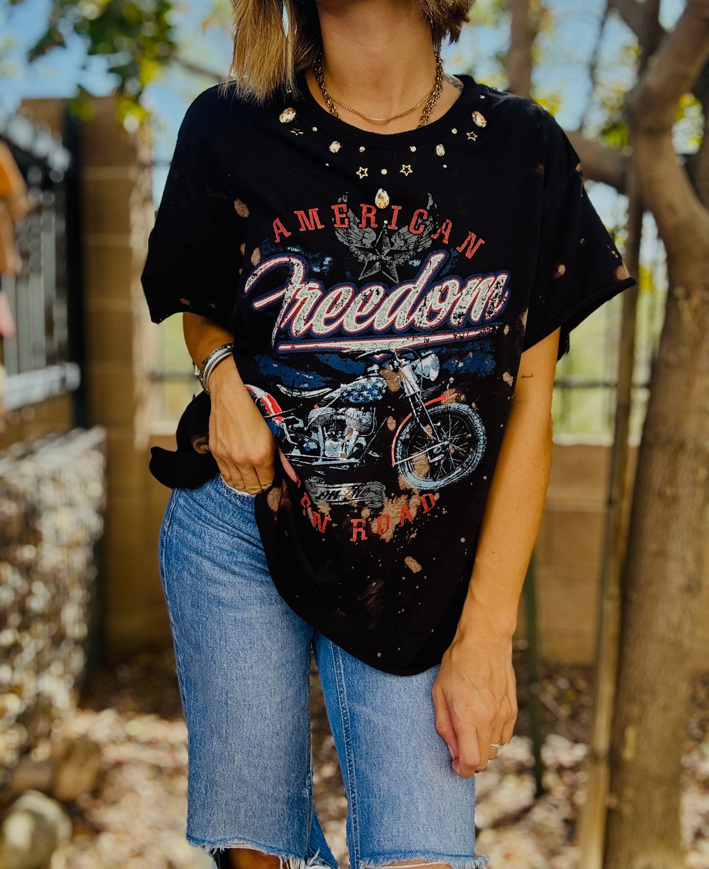 TEE-AMERICAN BIKE  BEADED COLLAR VINTAGE GREY +DAD TEE XL  cut off bottom