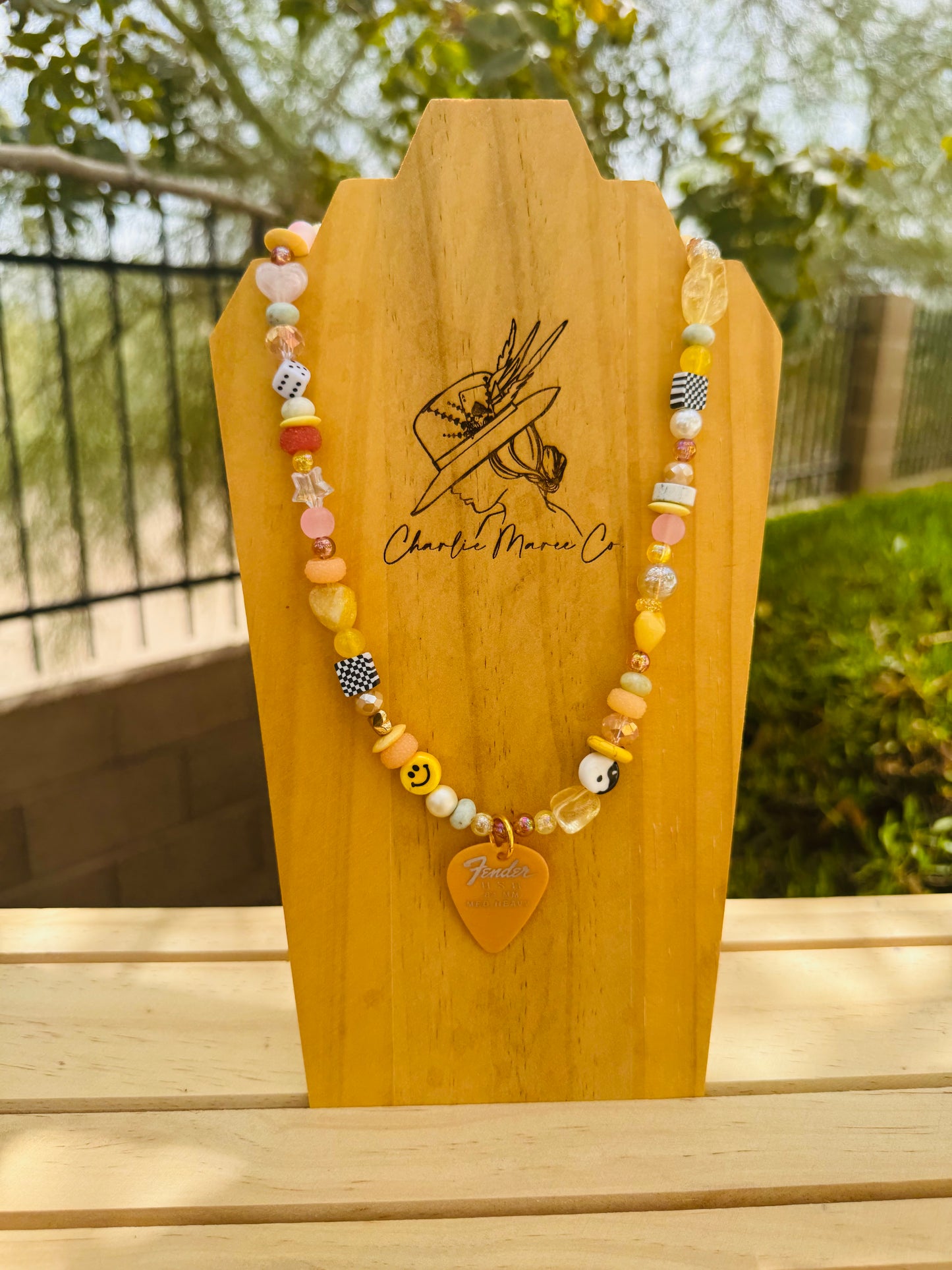 NC-guitar pick sunshine whimsical +Handmade chunky beaded necklace