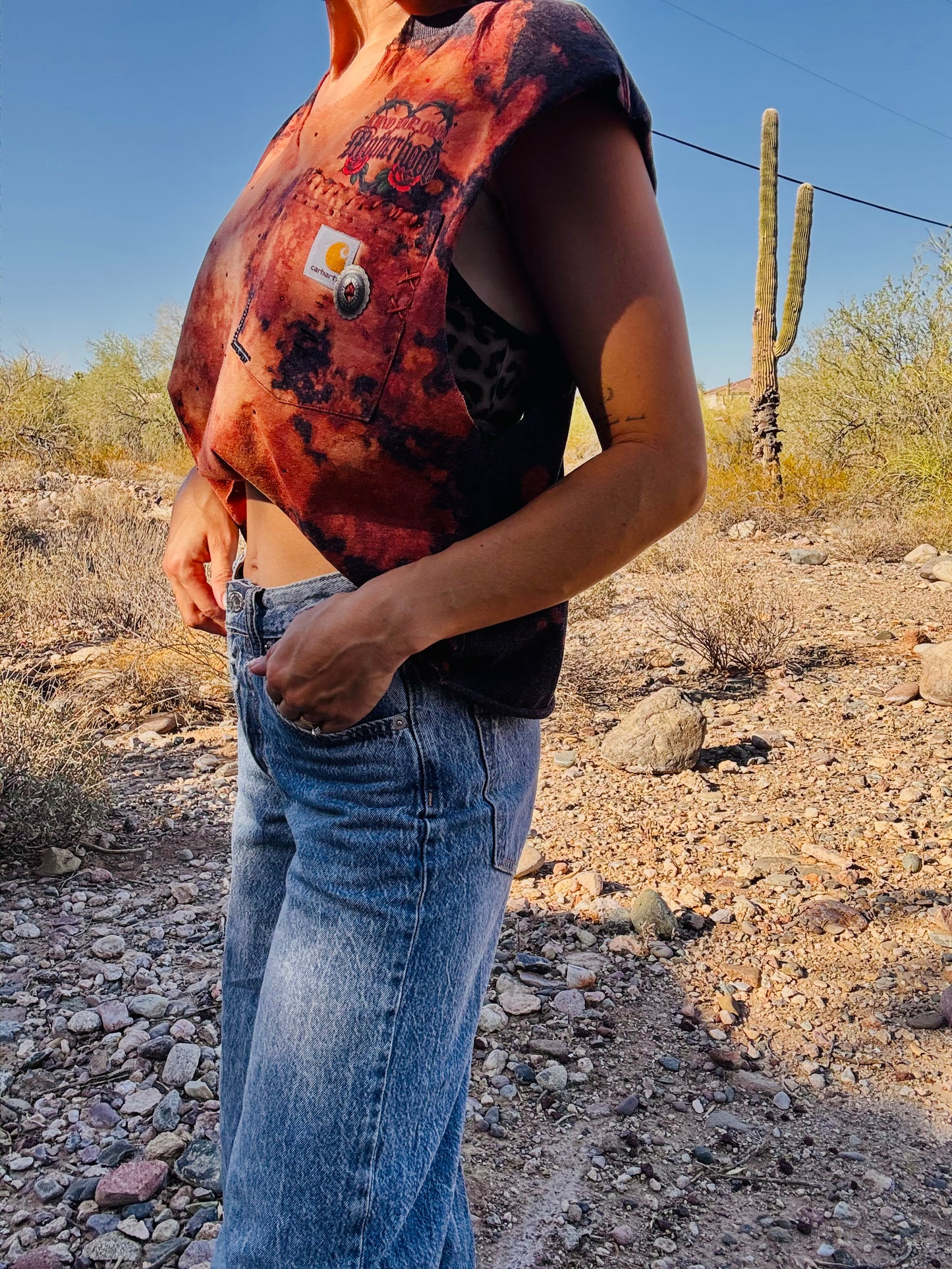 HD-MIND YOUR OWN MOTHERHOOD - DARK GREY RUST DISTRESSED POCKET SHIRT - MENS MEDIUM CUT TO SLOUCHY TANK