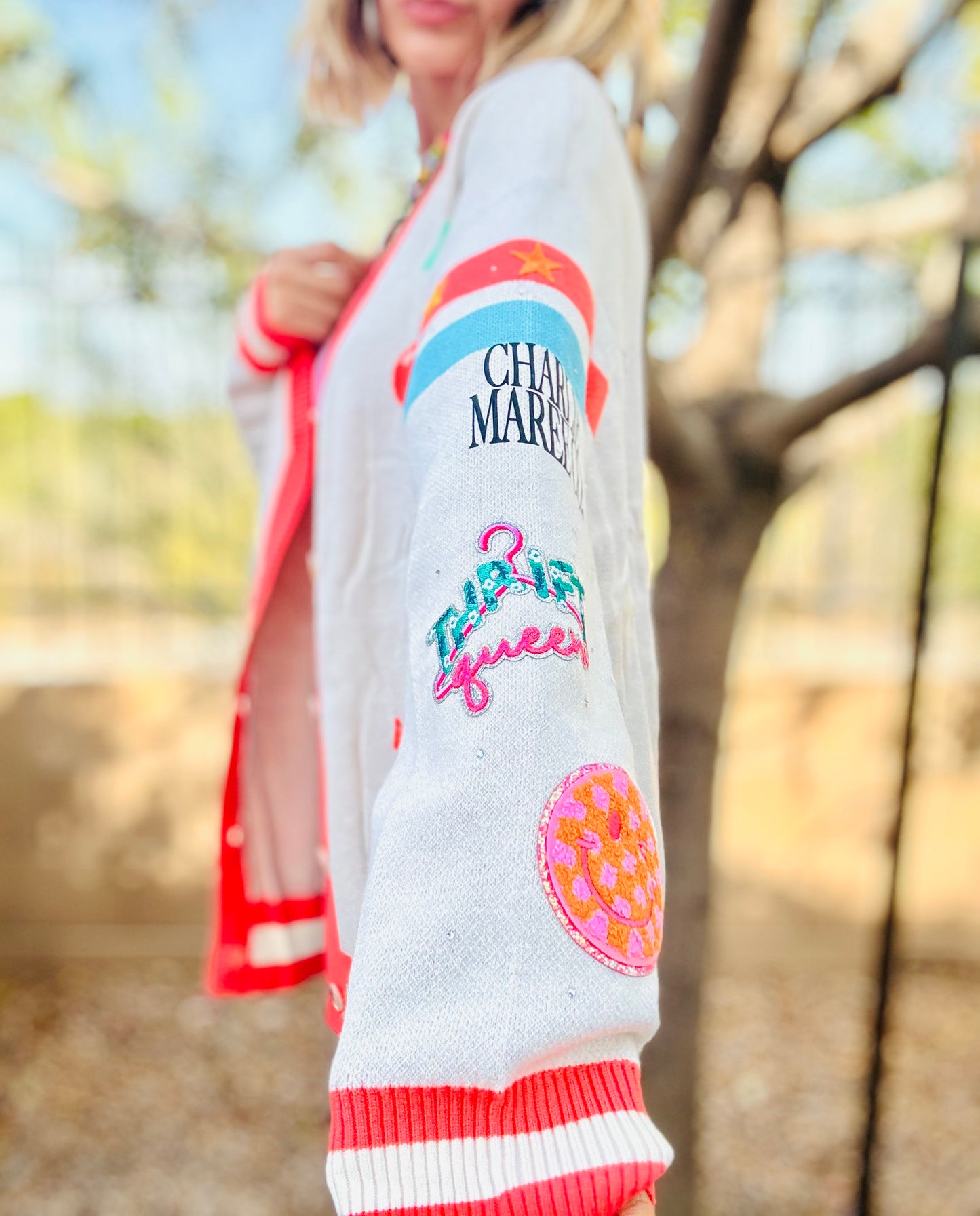 NC-CHERRY BOMBER CARDIGAN +thrift queen smiley + MEDIUM
