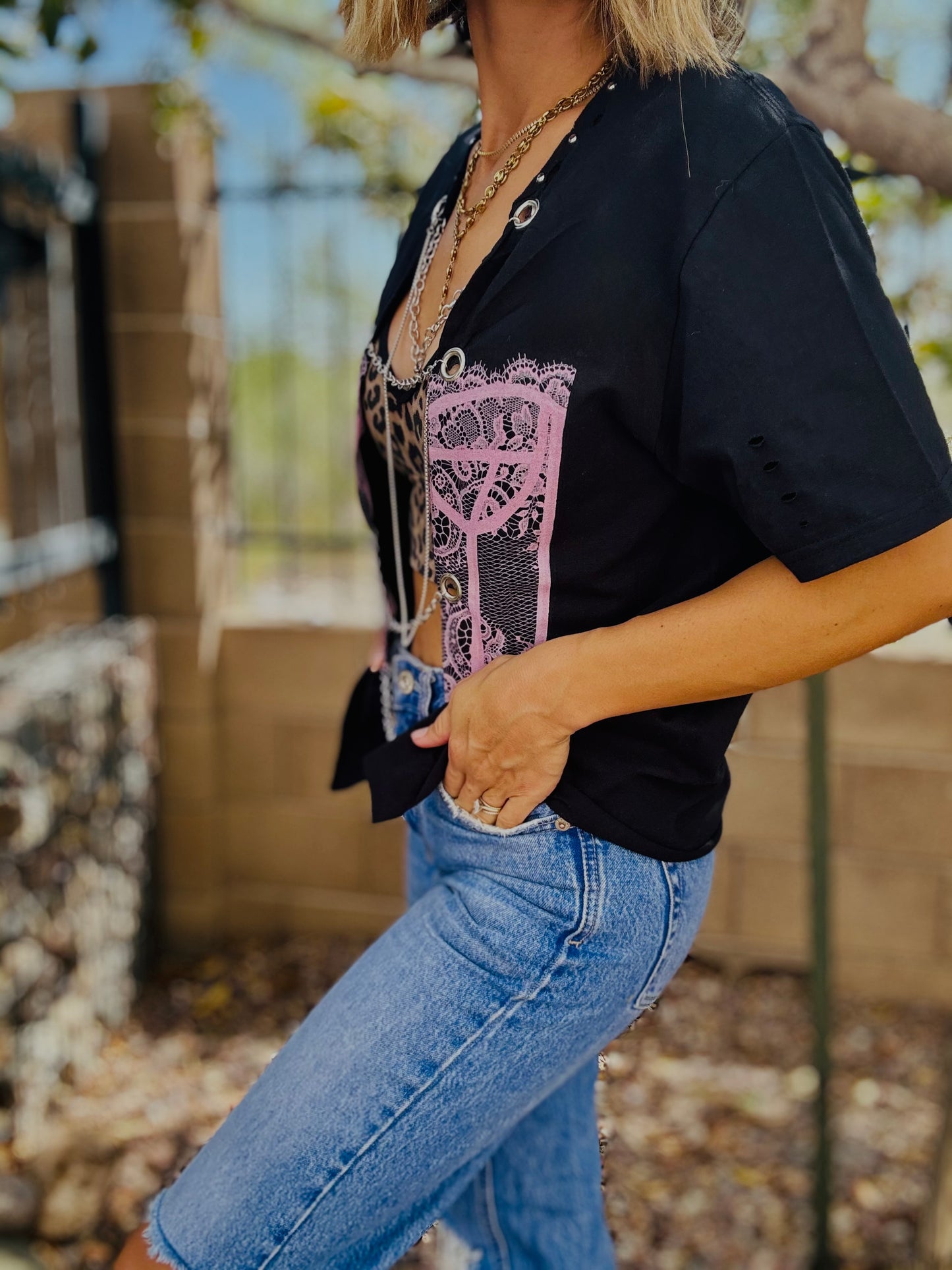 TEE- purple corset +DAD TEE SMALL split front chains