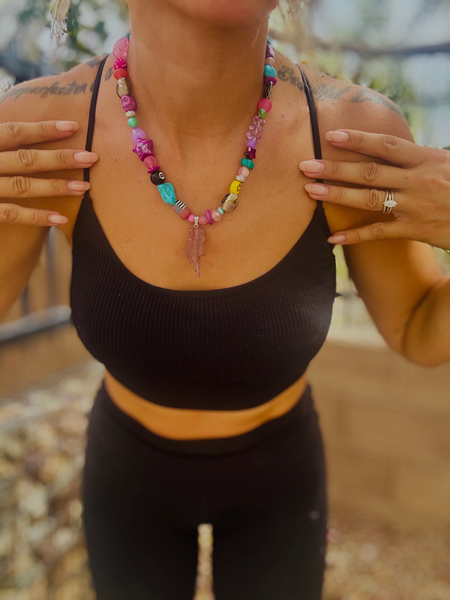NC- Purple strawberry quartz Bolt+Handmade chunky beaded necklace