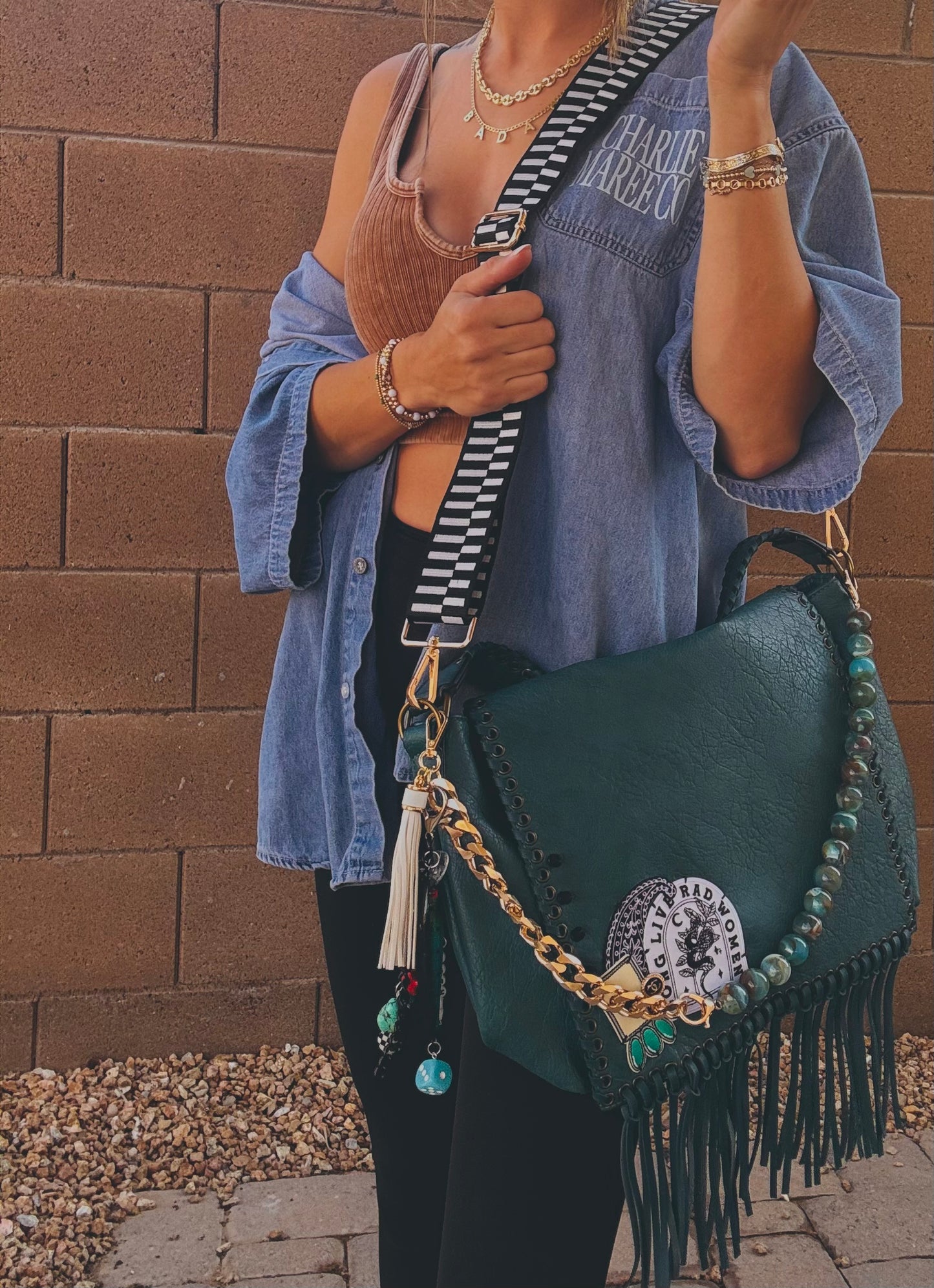 FC-long live rad women + AUTHENTIC UPCYCLED BUTTON- crossbody strap included** The Jerome**