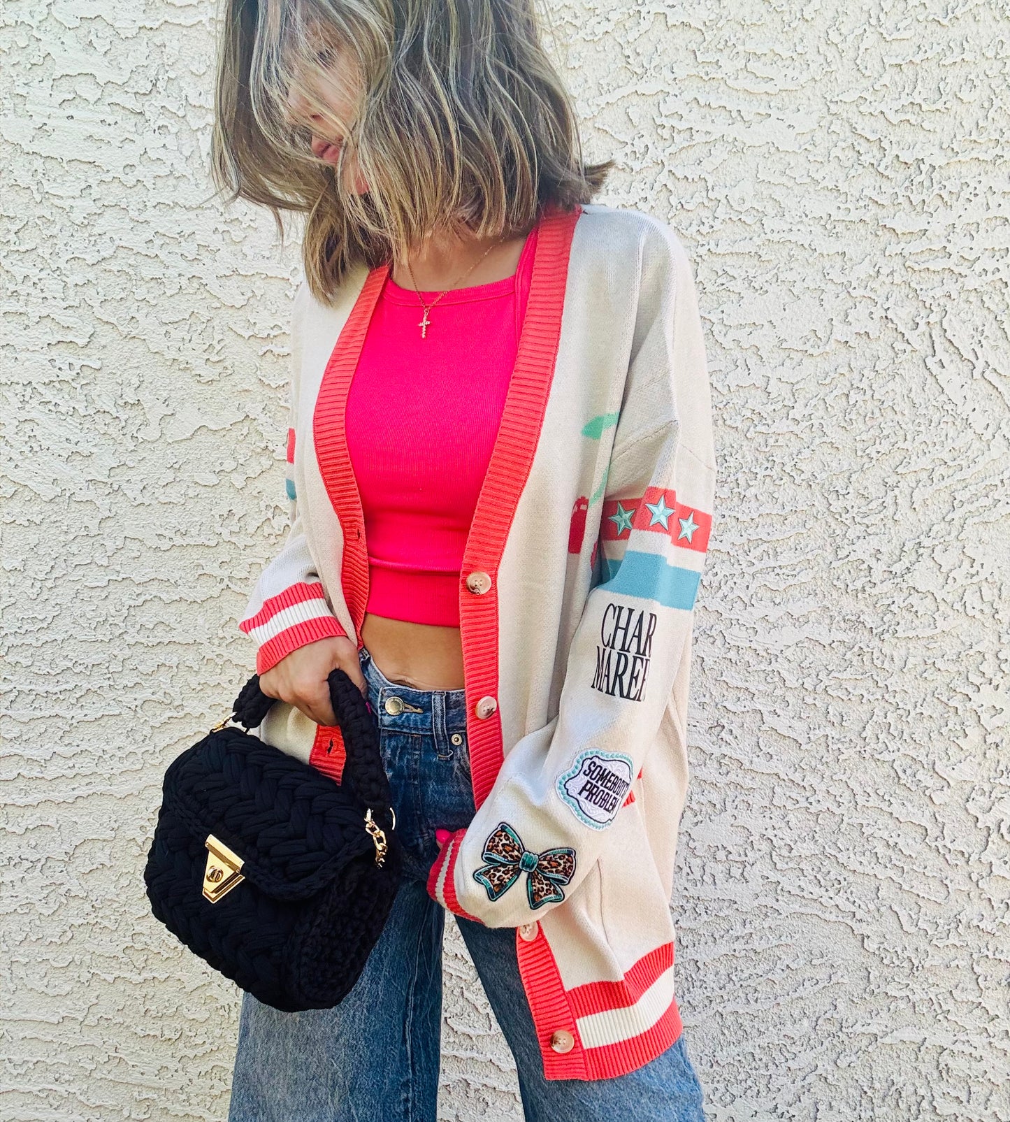 BBH-CHERRY BOMBER CARDIGAN + somebody’s problem Teal +￼ CM CO. babes