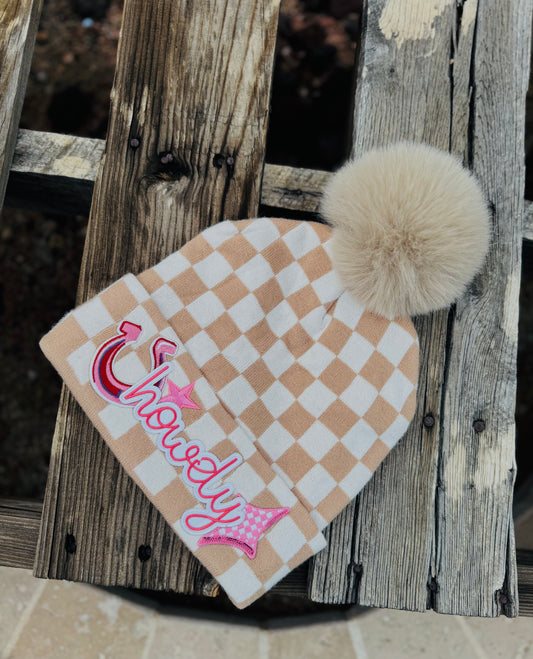 PB-LUX-Howdy pink-Checkered crème Beanie