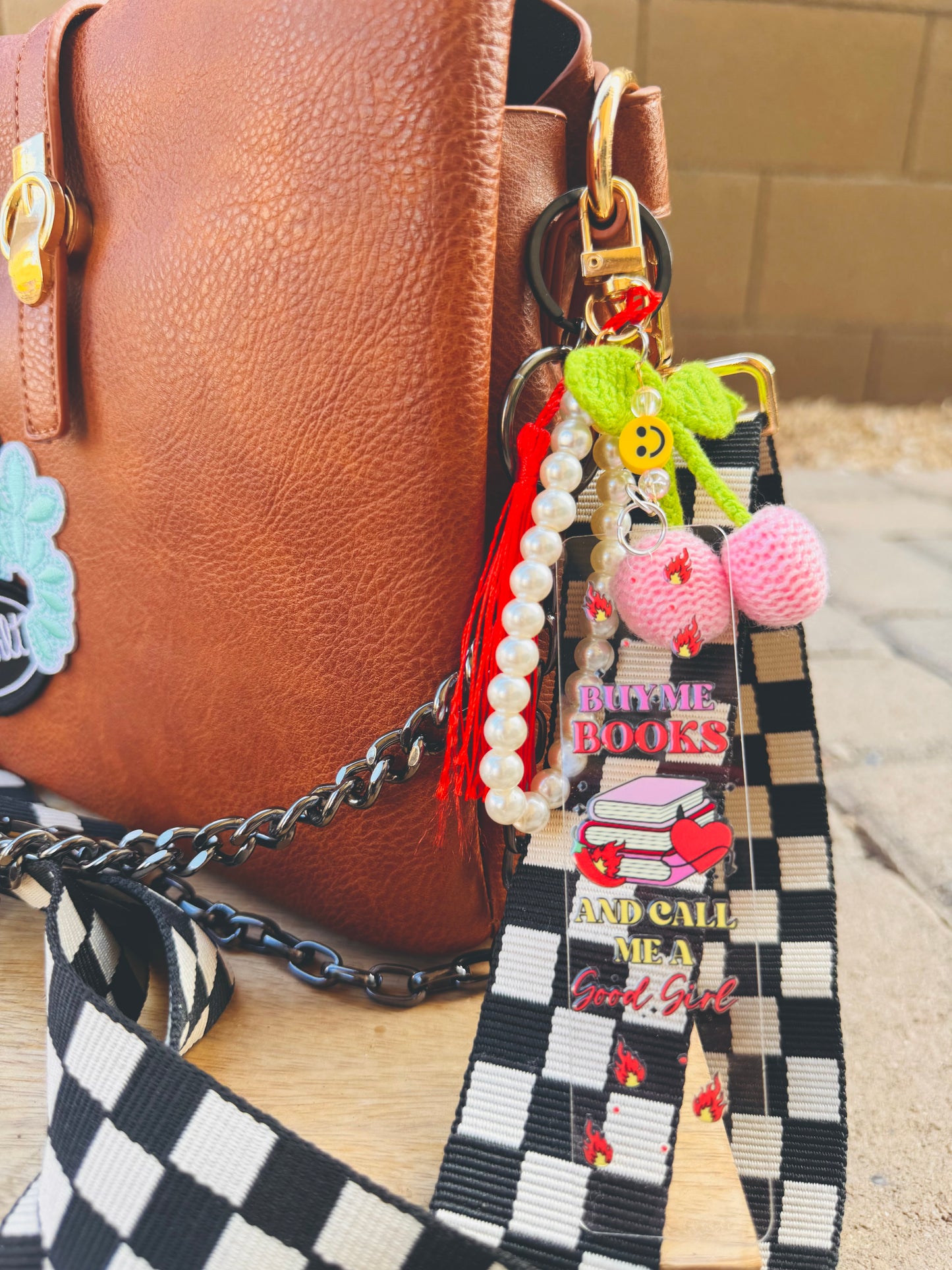 BBC-smiley hand beaded+ buy me books and call me a good girl crocheted cherry ￼