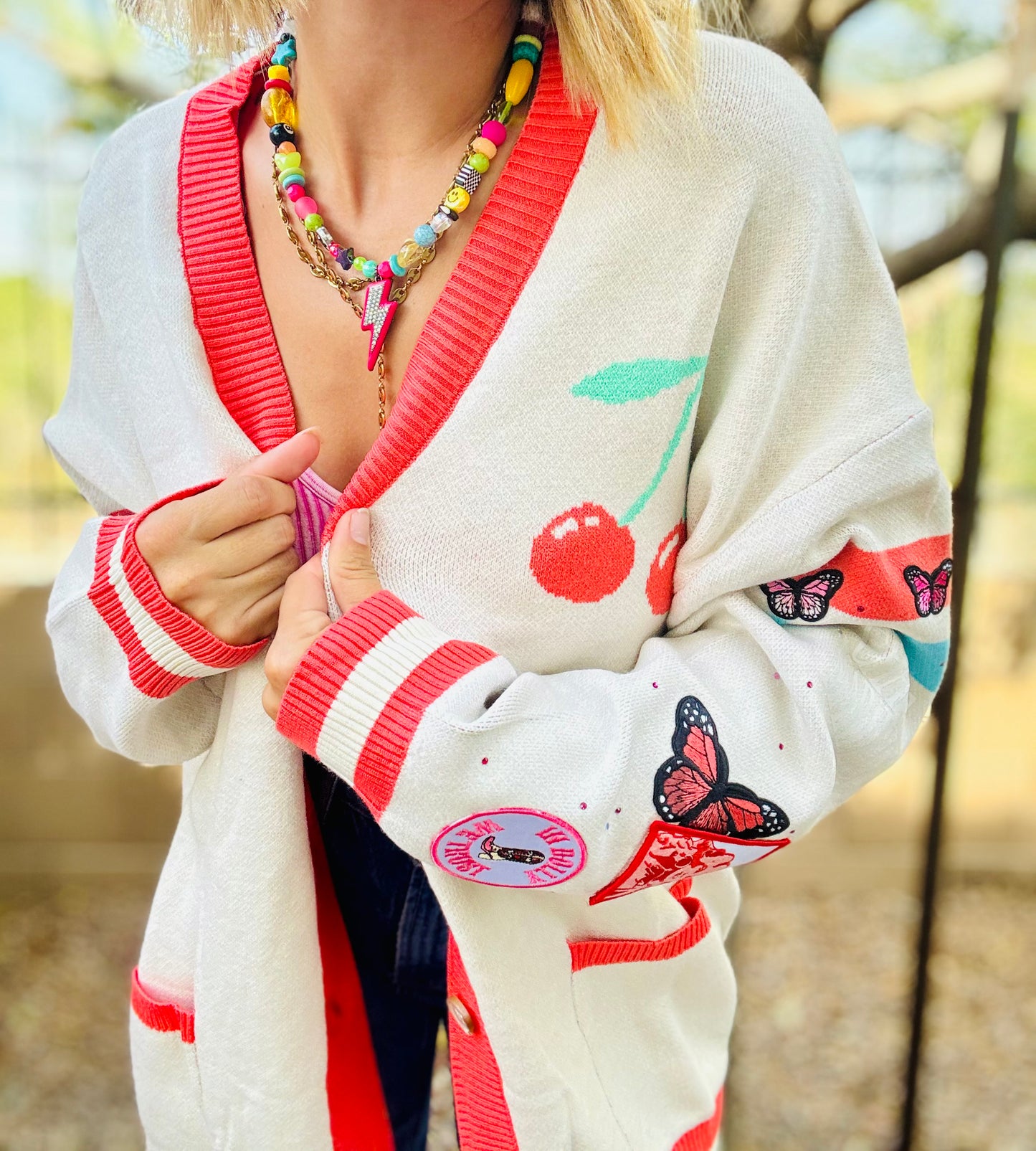 NC-CHERRY BOMBER CARDIGAN + PINK DOLLY + MEDIUM