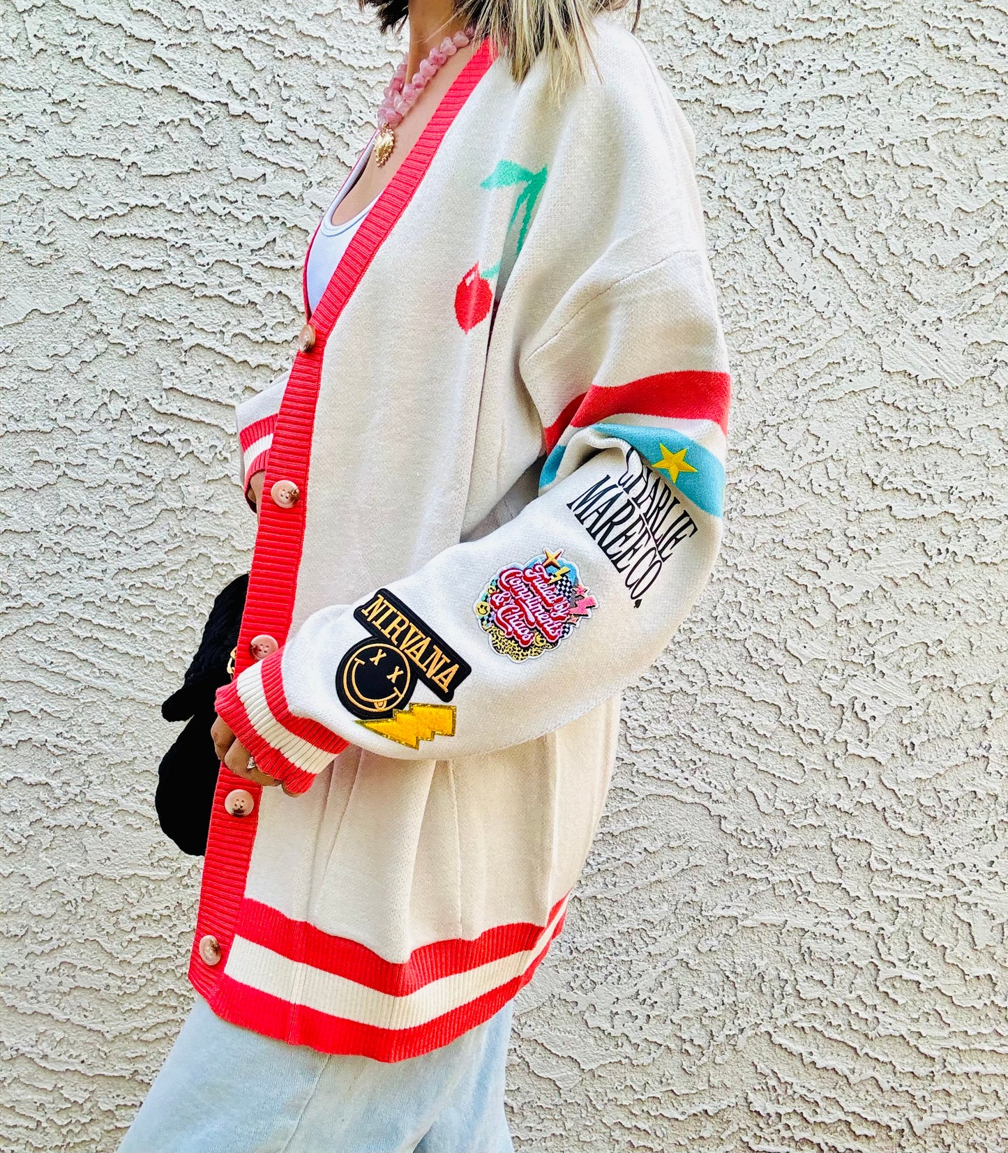 BBH-CHERRY BOMBER CARDIGAN + fueled by compliments and chaos band, babe CM CO. babes