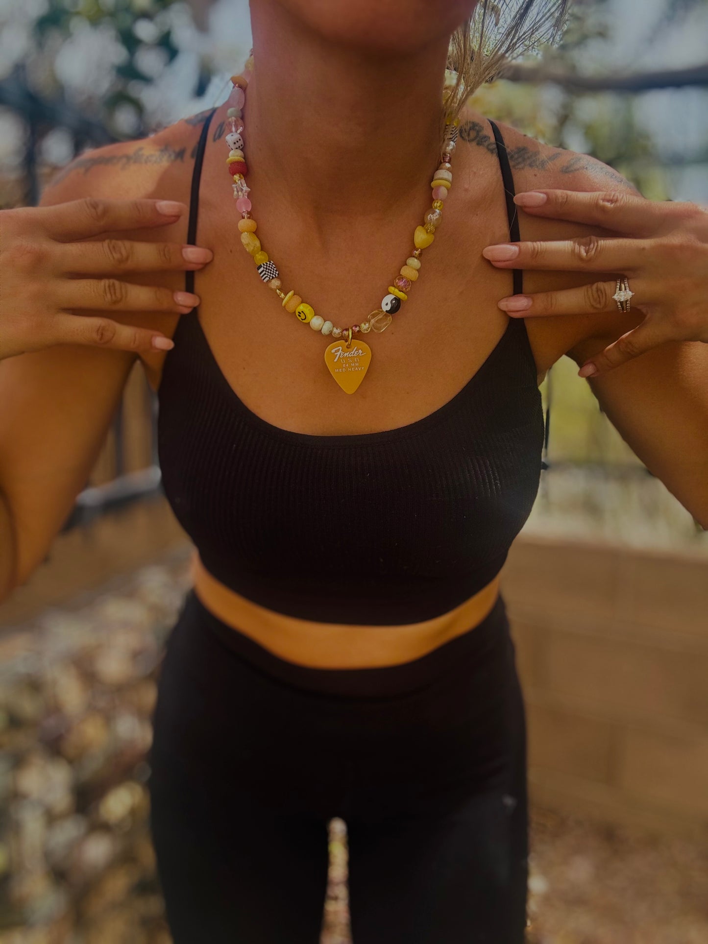 NC-guitar pick sunshine whimsical +Handmade chunky beaded necklace