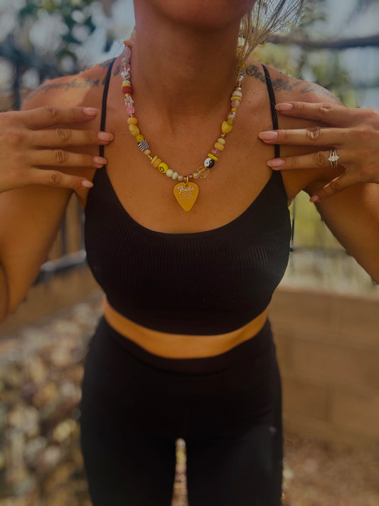 NC-guitar pick sunshine whimsical +Handmade chunky beaded necklace