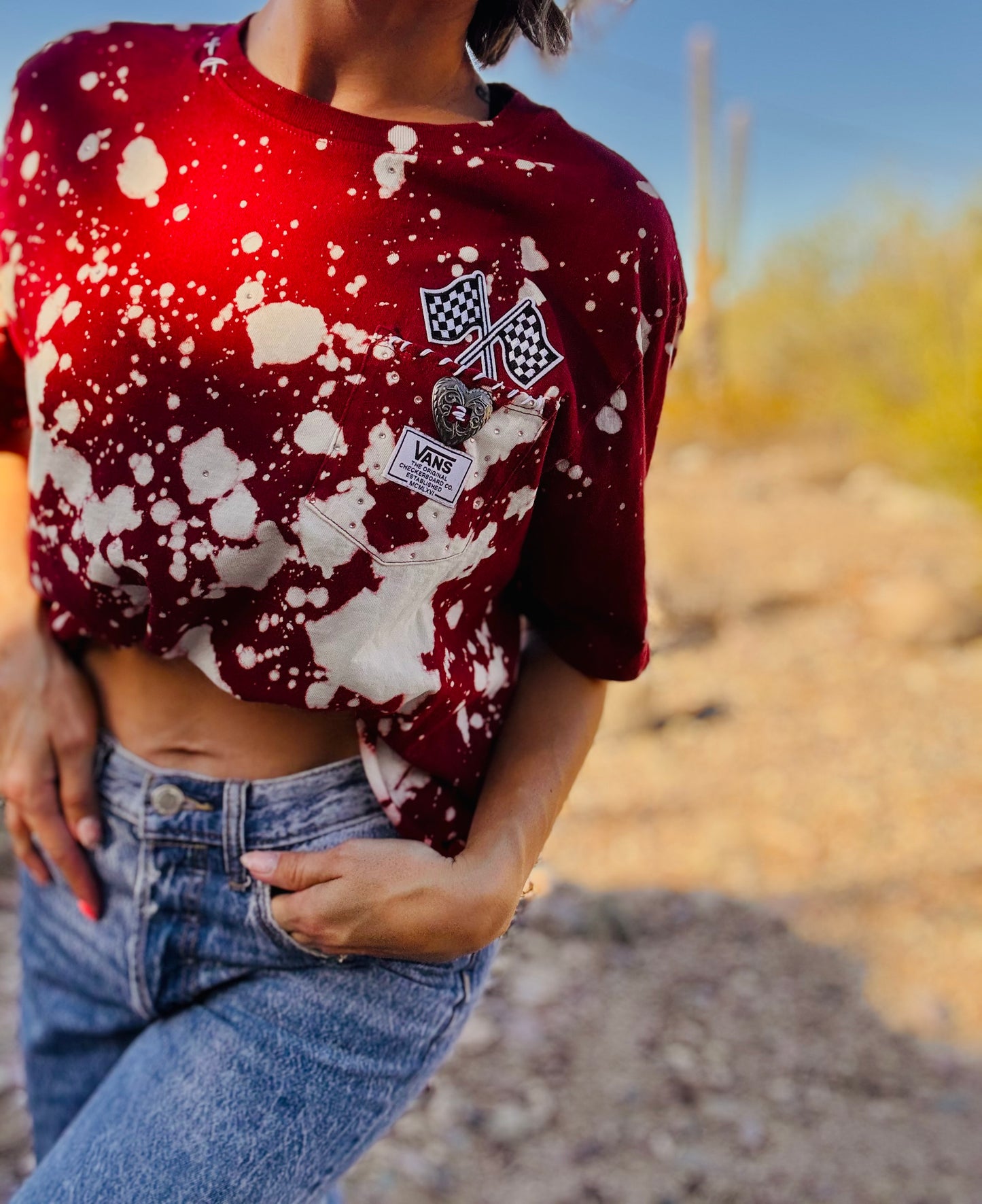 HD-race flags skate dad - maroon DISTRESSED POCKET SHIRT - MENS MEDIUM CUT