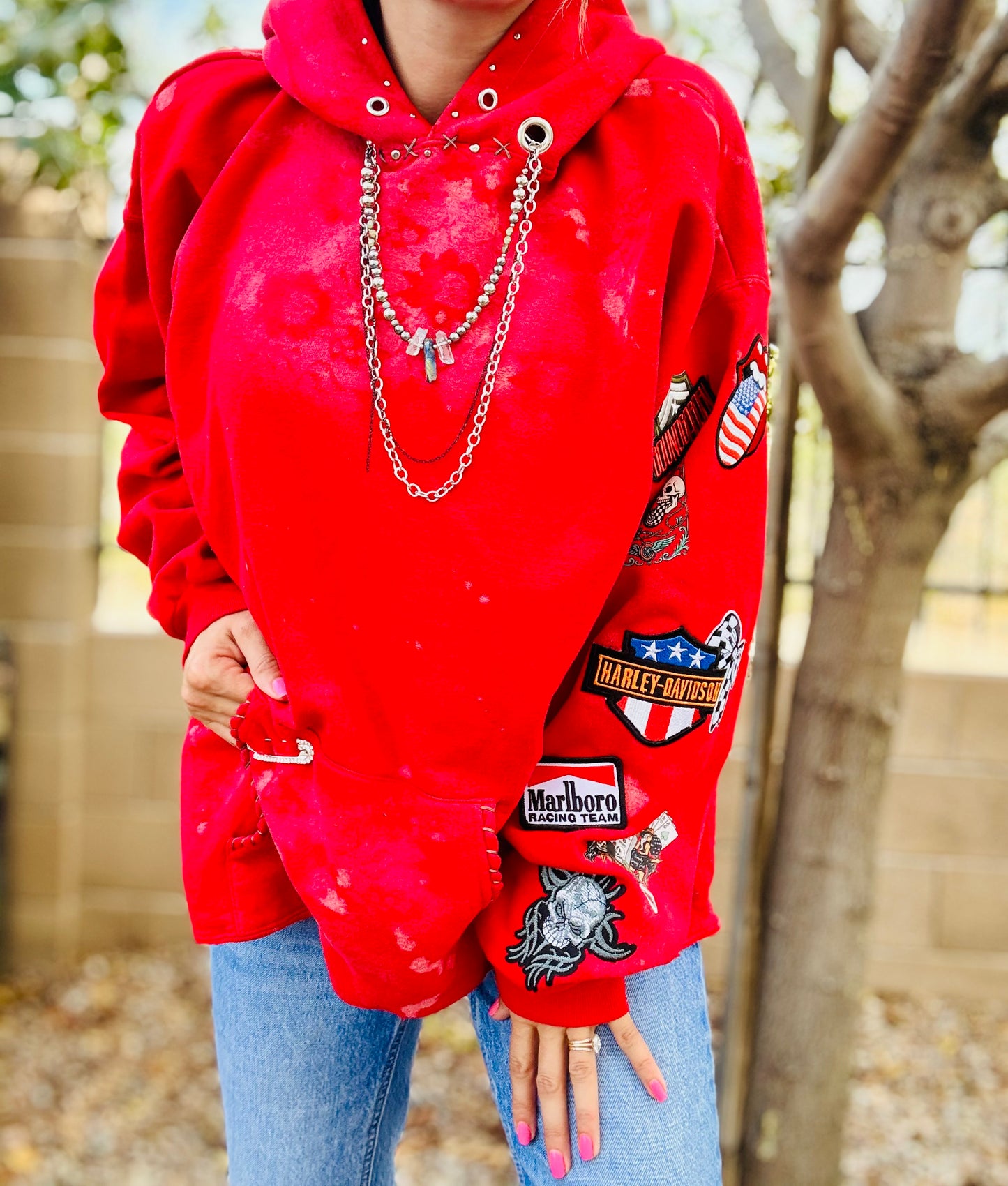 CD- NECKLACE Hoodie red patched arm  - lace vintage wash+ Men’s unisex sizeXL- Cut off bottom band hem