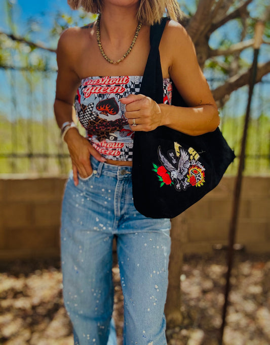 RTS-RED Wild thang eagle   - Light vegan suede structured hobo tote