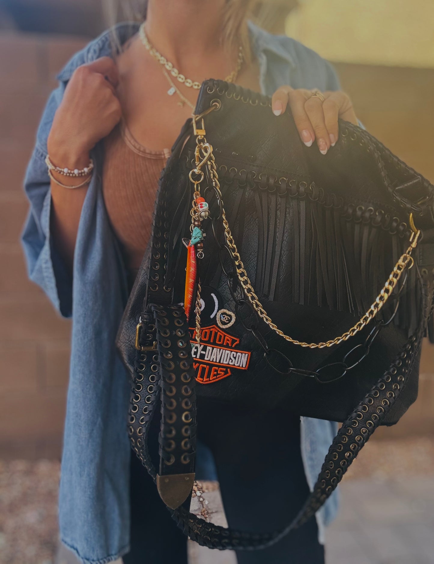 FC-bike babe+ Authentic upcycled button- handmade badass charms FRINGE +buckle CROSSBODY