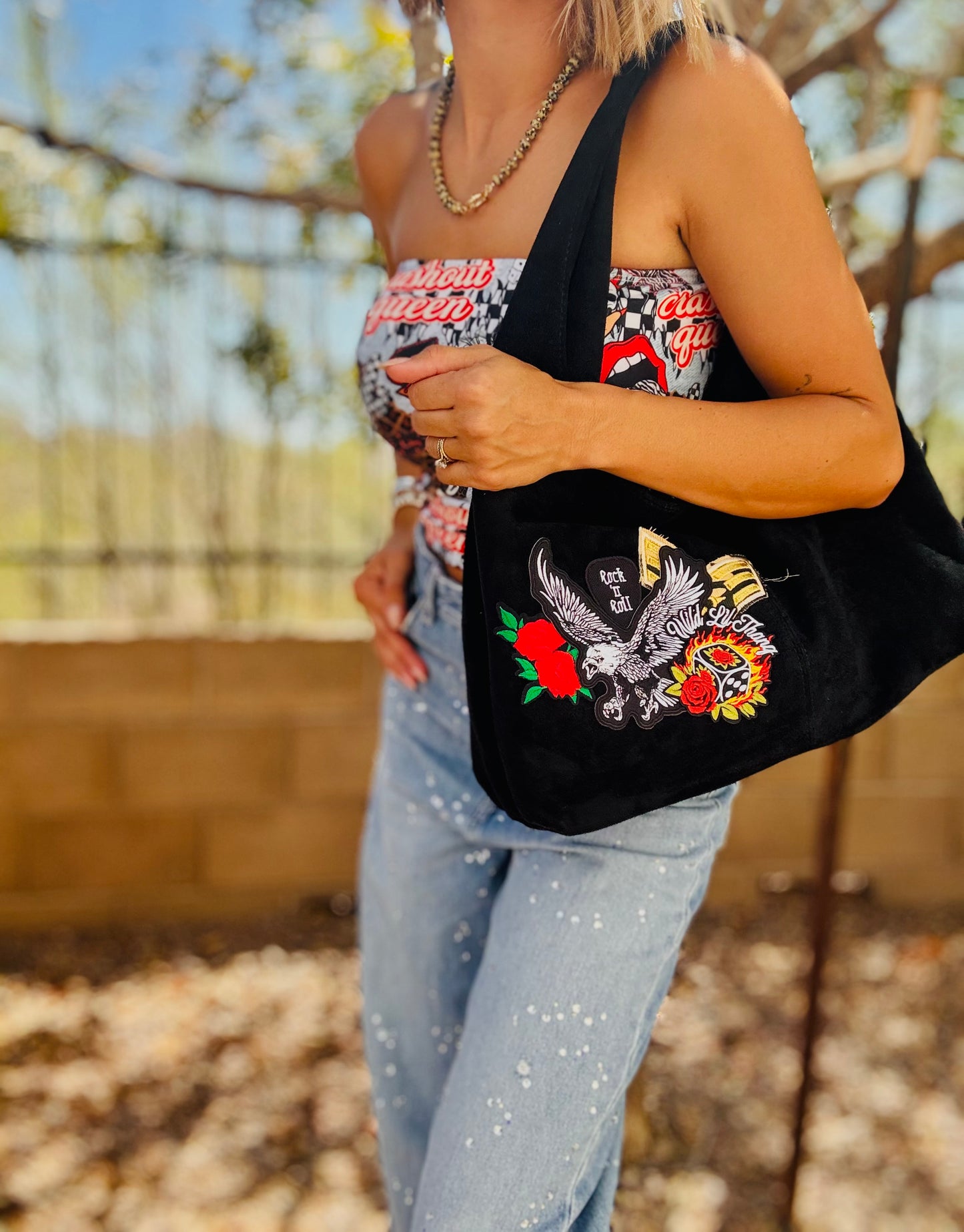 RTS-RED Wild thang eagle   - Light vegan suede structured hobo tote