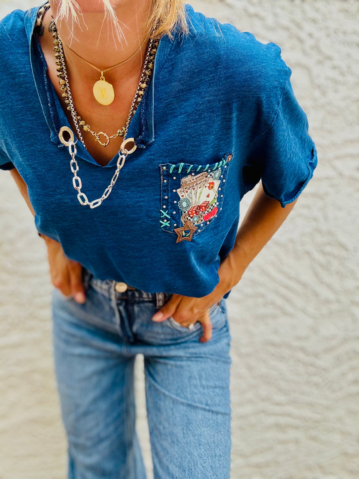 TEE-denim blue life’s a gamble HUSBAND POCKET SHIRT - XL FITS LIKE LARGE
