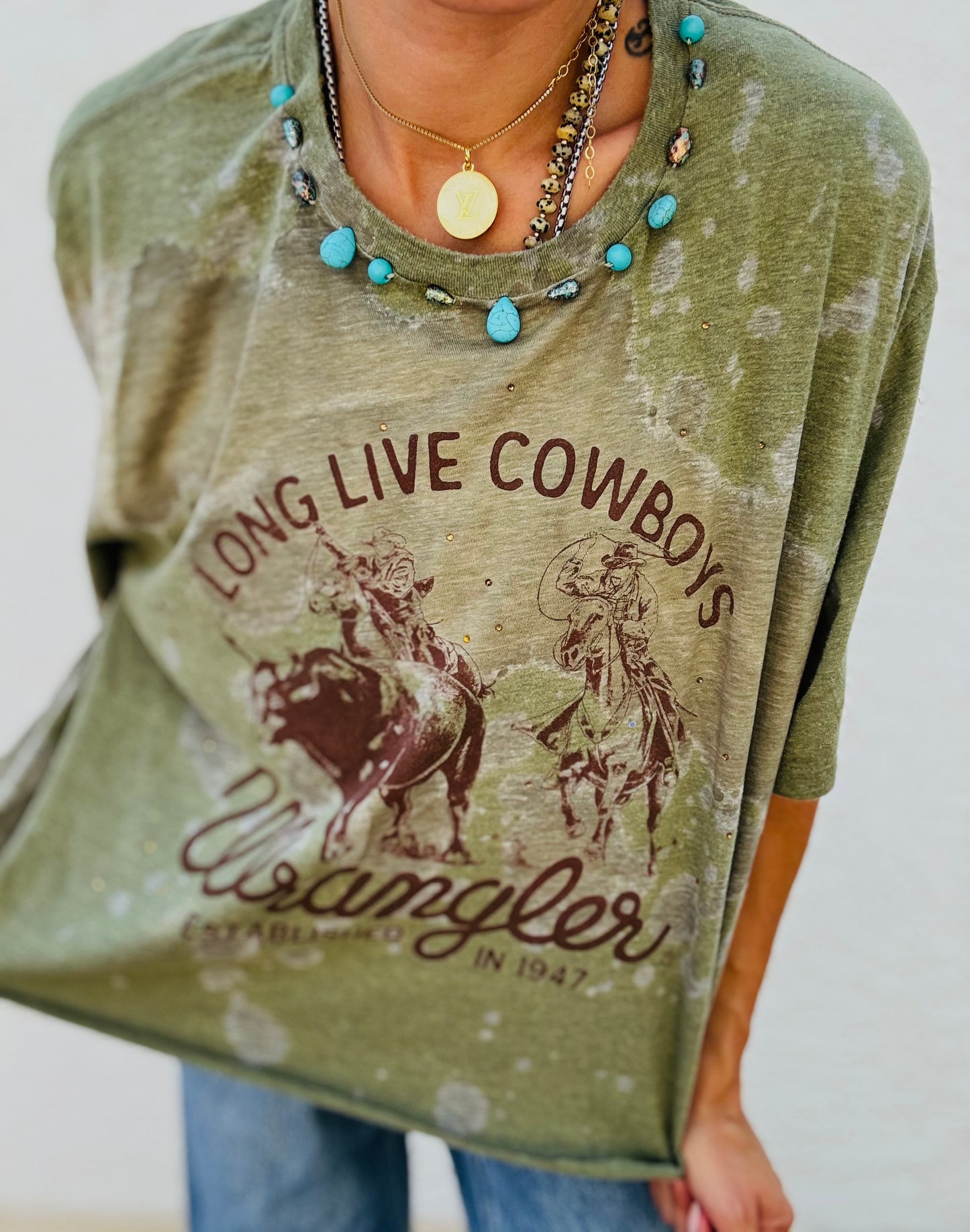 TEE-long live cowboys beaded collar  - DAD TEE XL