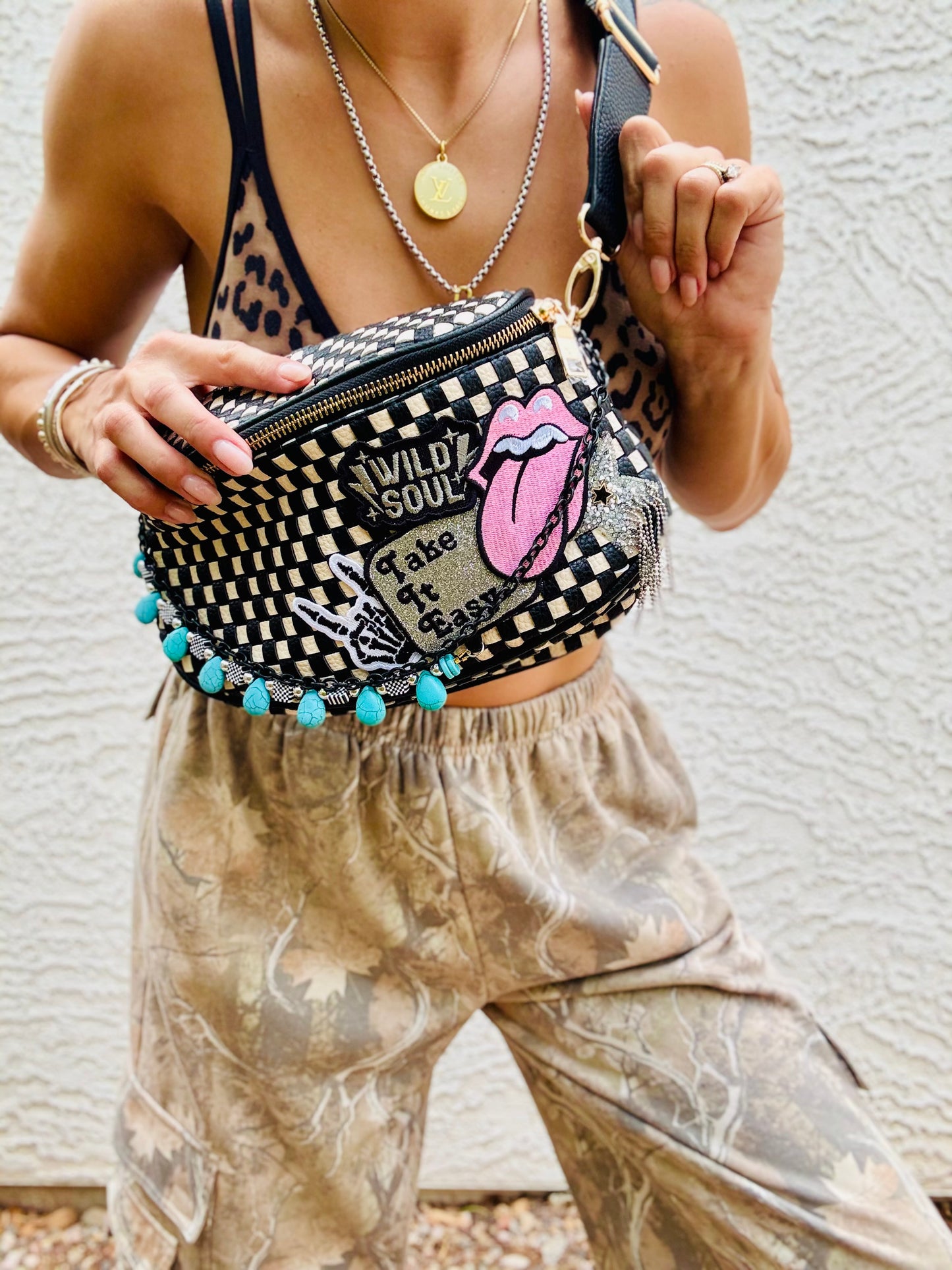 AUGBAG- take it easy Wild soul OG handmade beaded chains rock skeleton hand vibes 2 + PHOENIX BAG black checkered